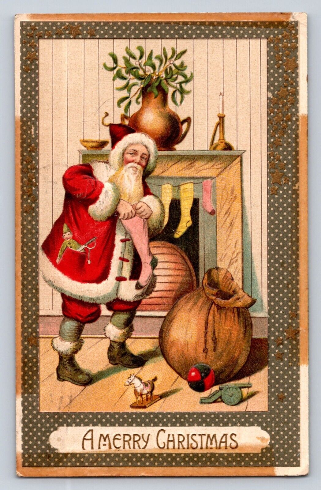 c1910 Santa Claus Stocking Toy Cannon Dolls Sack Bag Germany Christmas P604