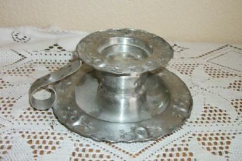 VINTAGE HAGNESS PEWTER CHAMBERSTICK CANDLE HOLDER NORWAY STAMPED DESIGNS