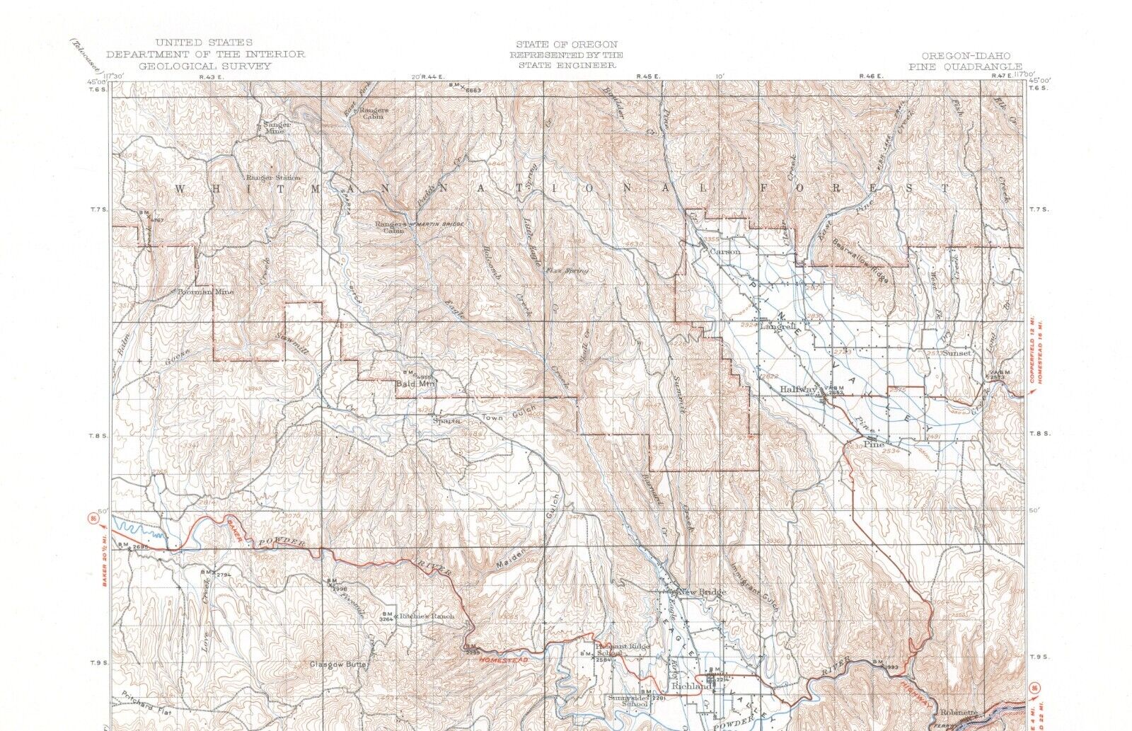 Pine Quadrangle Oregon-Idaho 1915 Map USGS 1:125,000 Scale 30 Minute Topographic