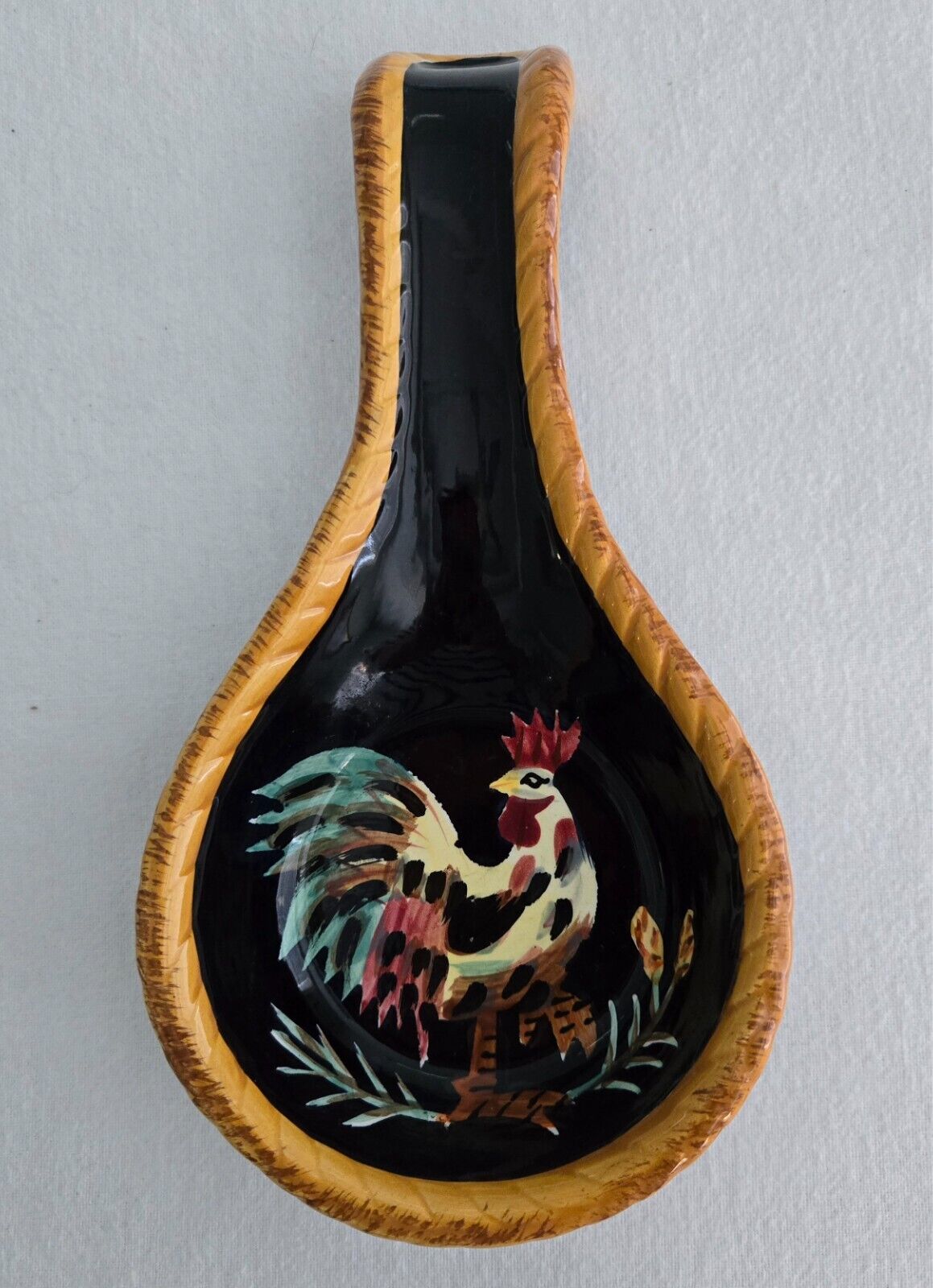 Tabletops Gallery Black Rooster Hand Painted Stoneware Spoon Rest