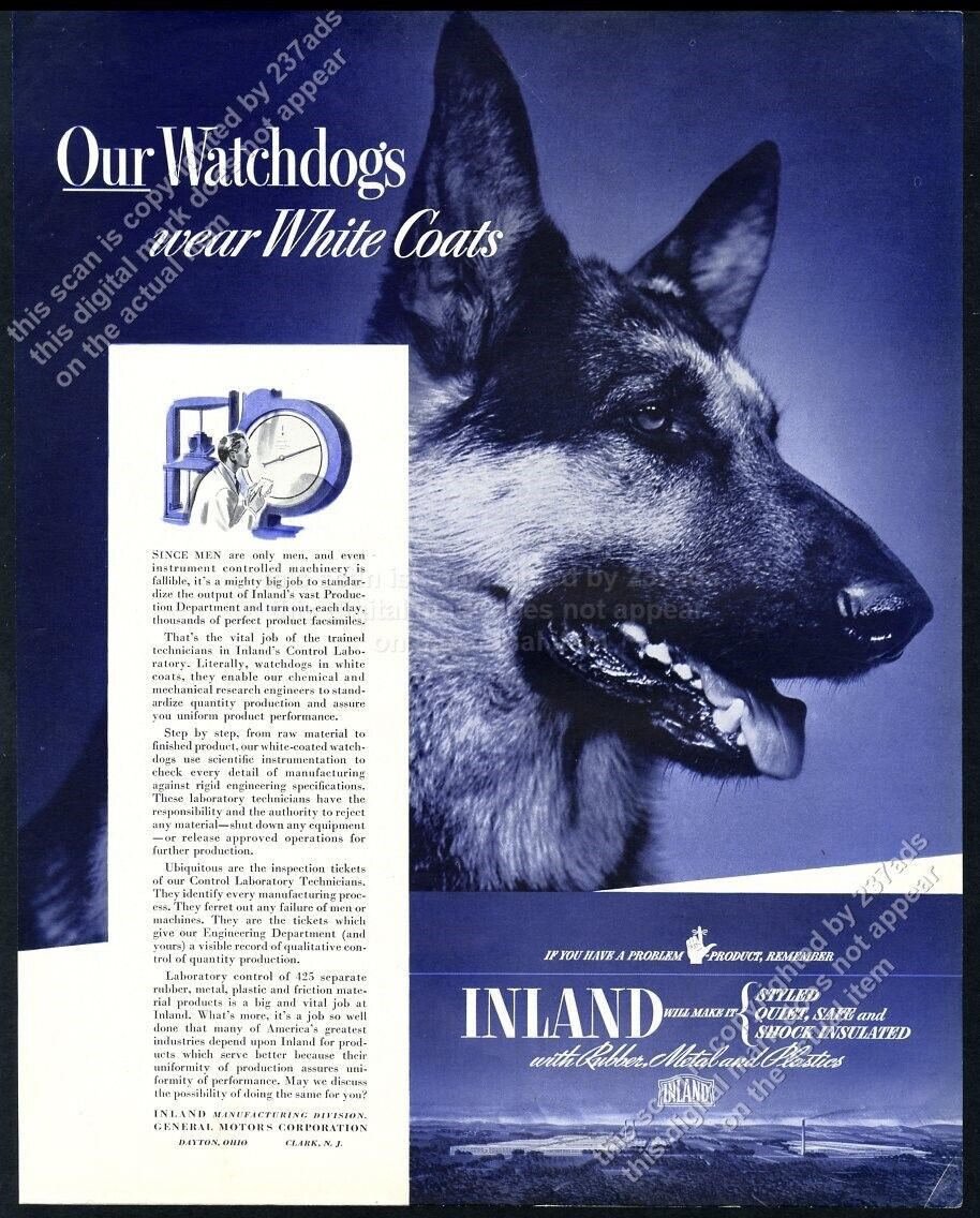 1940 German Shepherd watchdog photo GM Inland laboratory vintage print ad
