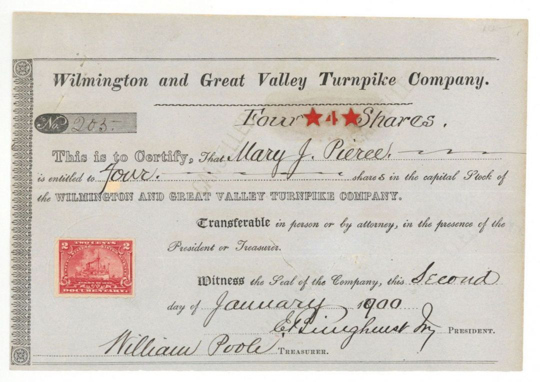 Wilmington and Great Valley Turnpike Co. - Stock Certificate - Early Turnpike St