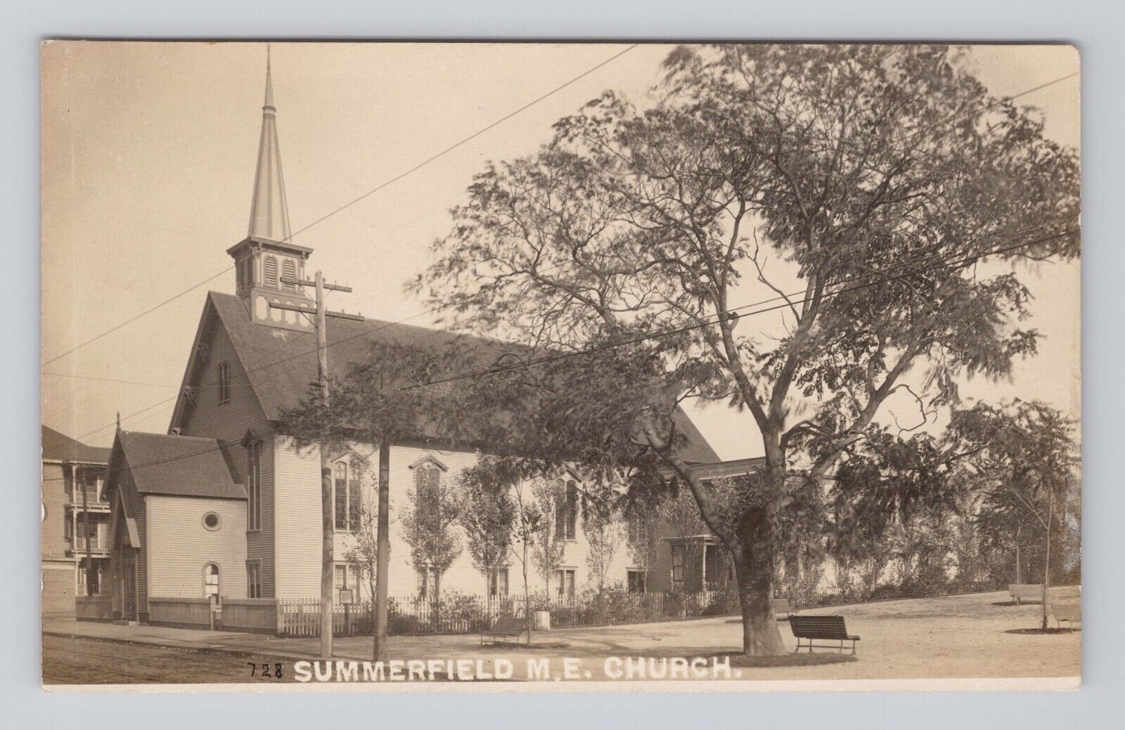Postcard RPPC Summerfield Methodist Episcopal M E Church Bench Tree