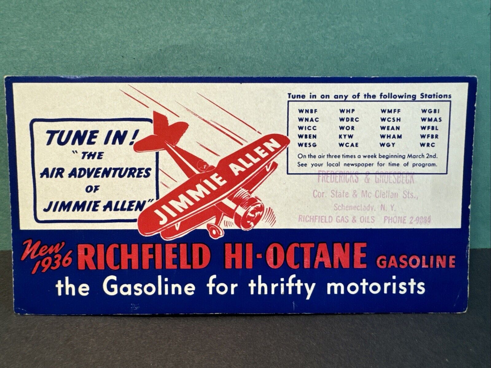 1936 Richfield Gasoline Jimmie Allen Radio Show Blotter Schenectady NY