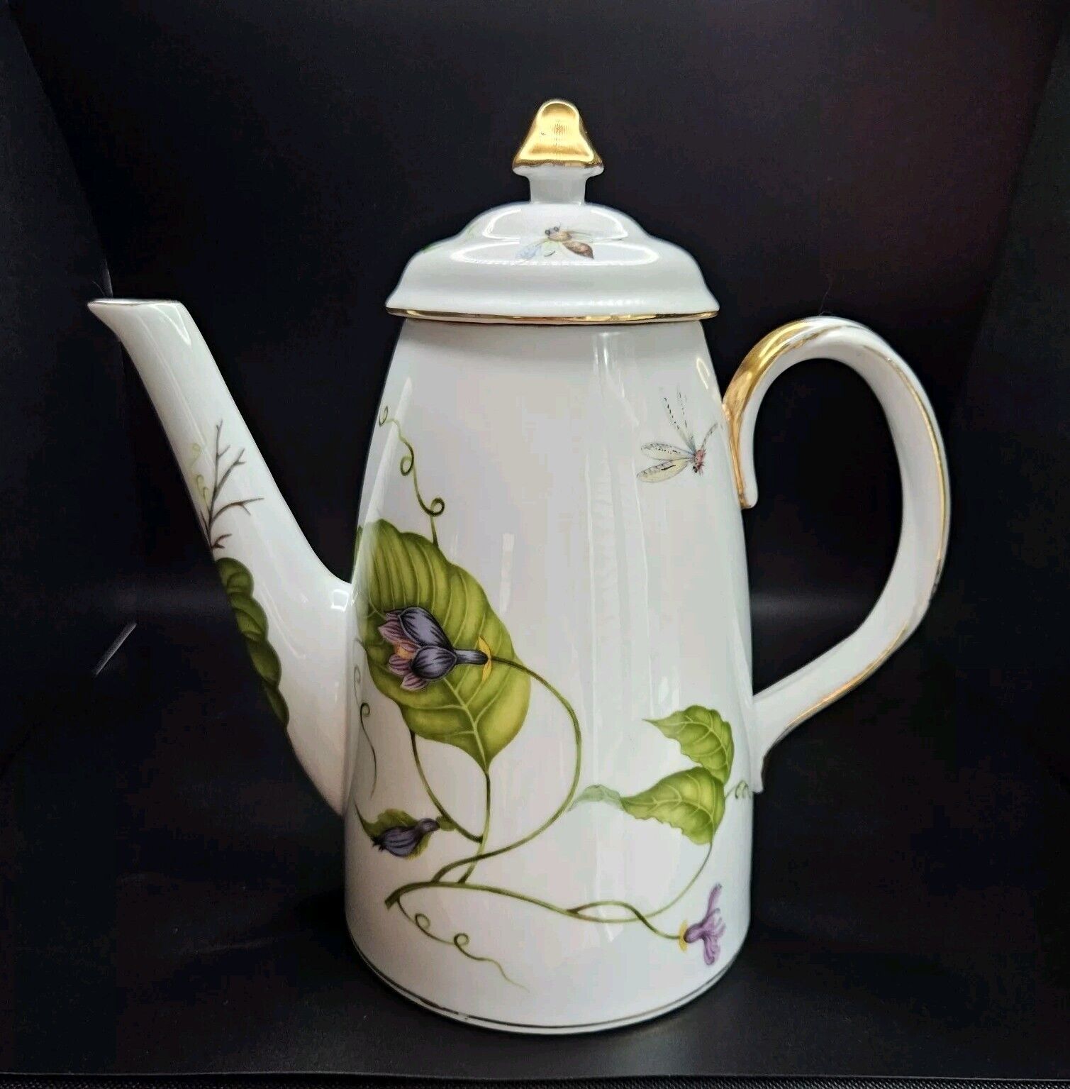 Godinger JARDIN 5-Cup Porcelain Coffee Pot & Lid Floral Vines Gold Trim EUC