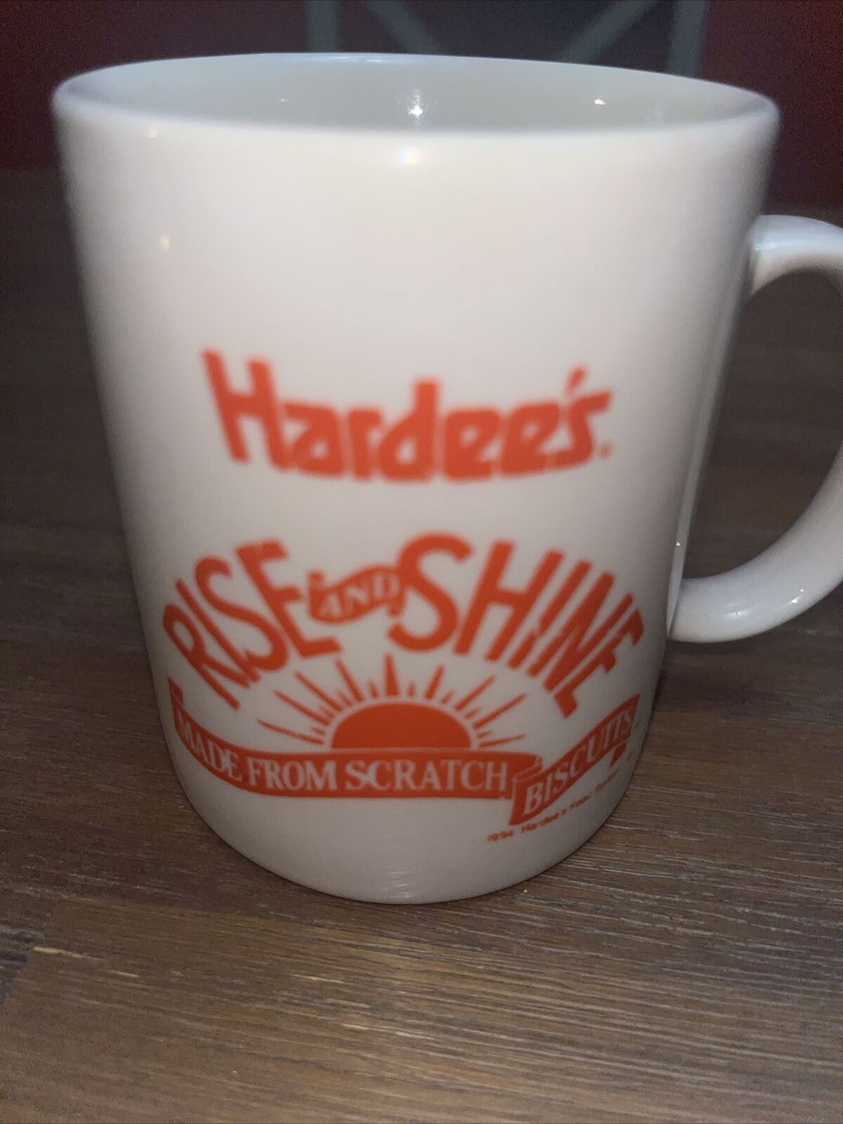 Vintage 1993 Hardee\'s Rise and Shine Diner Style Coffee Cup Mug Orange Off White