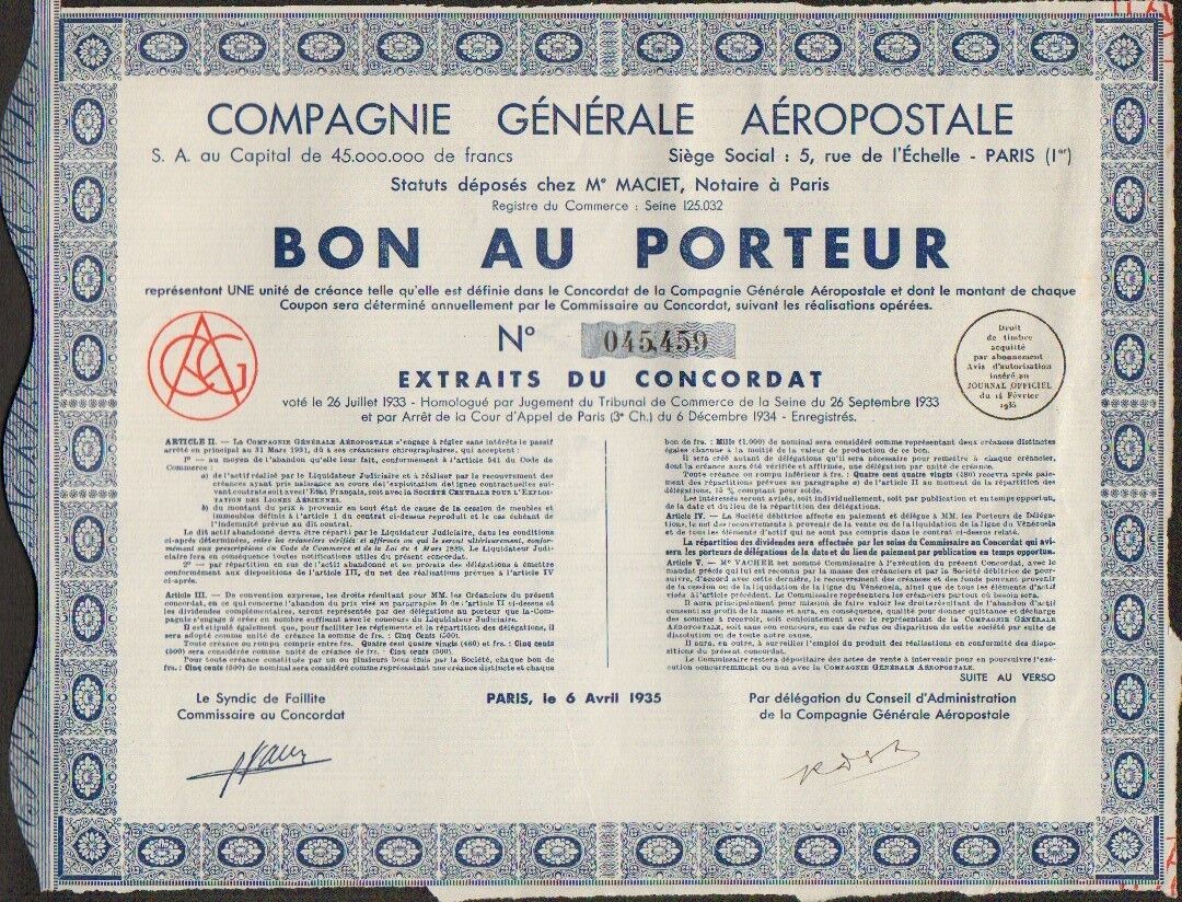 Compagnie Générale AÉROPOSTALE, 1935 voucher (EX-AIR FRANCE) (I)