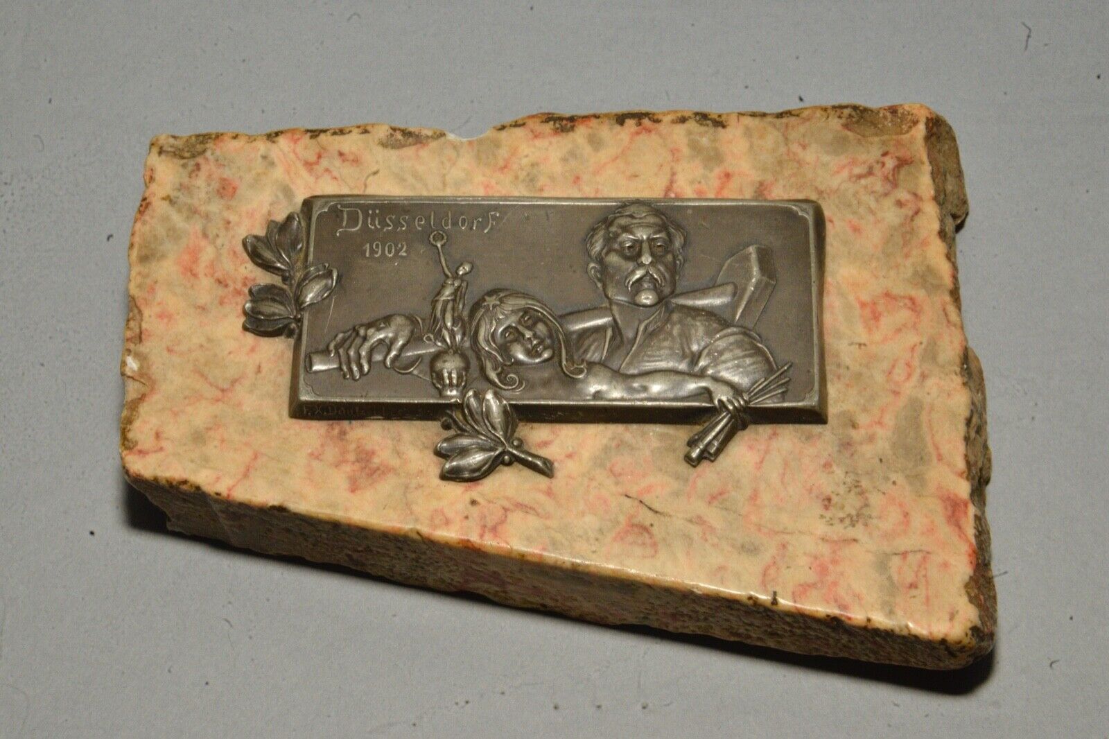 Antique German Bronze Medallion on Stone Base - Dusseldorf 1902 Int\'l Trade Fair
