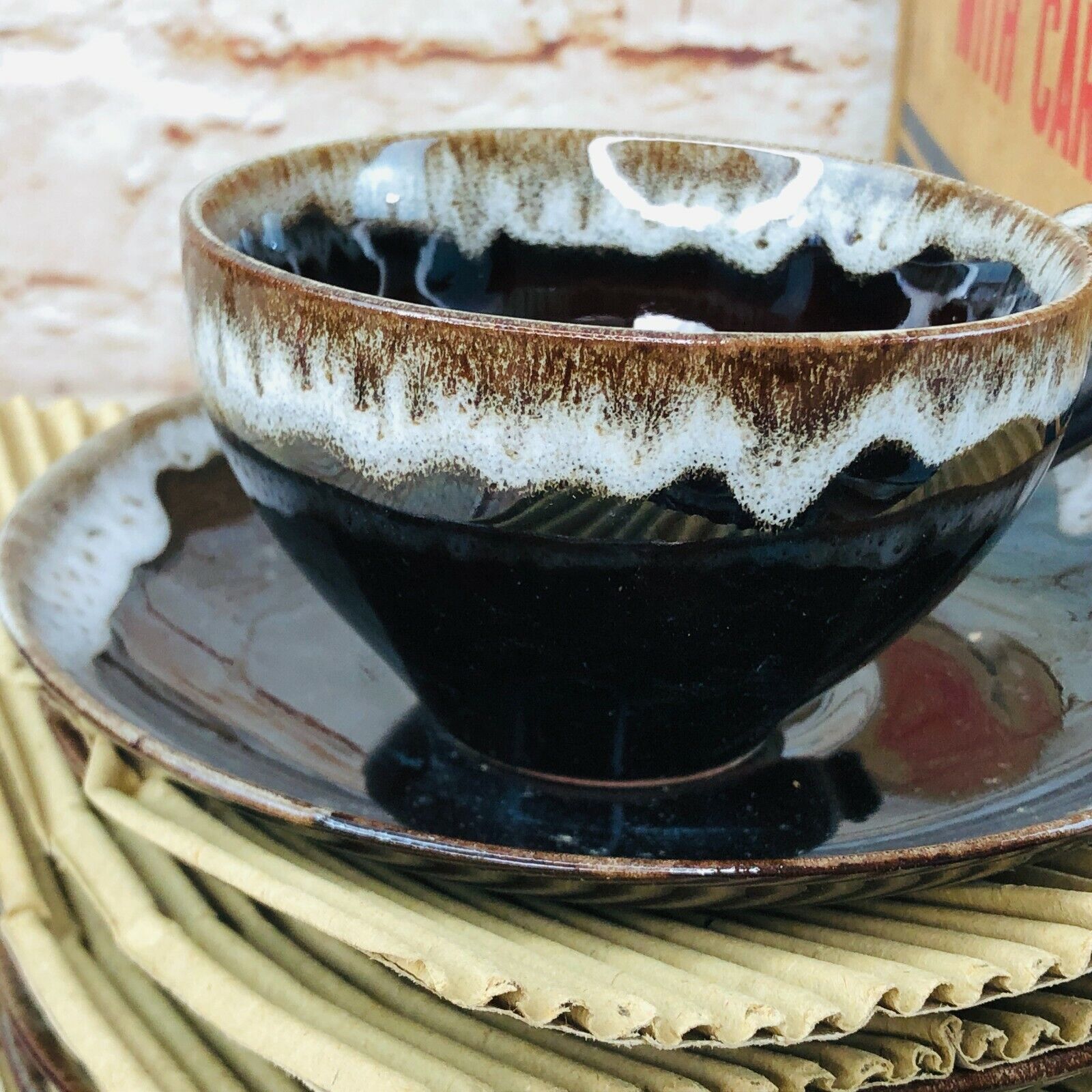 vtg mcm del coronado nasco product brown drip glaze plates tea coffee cups 16 pc