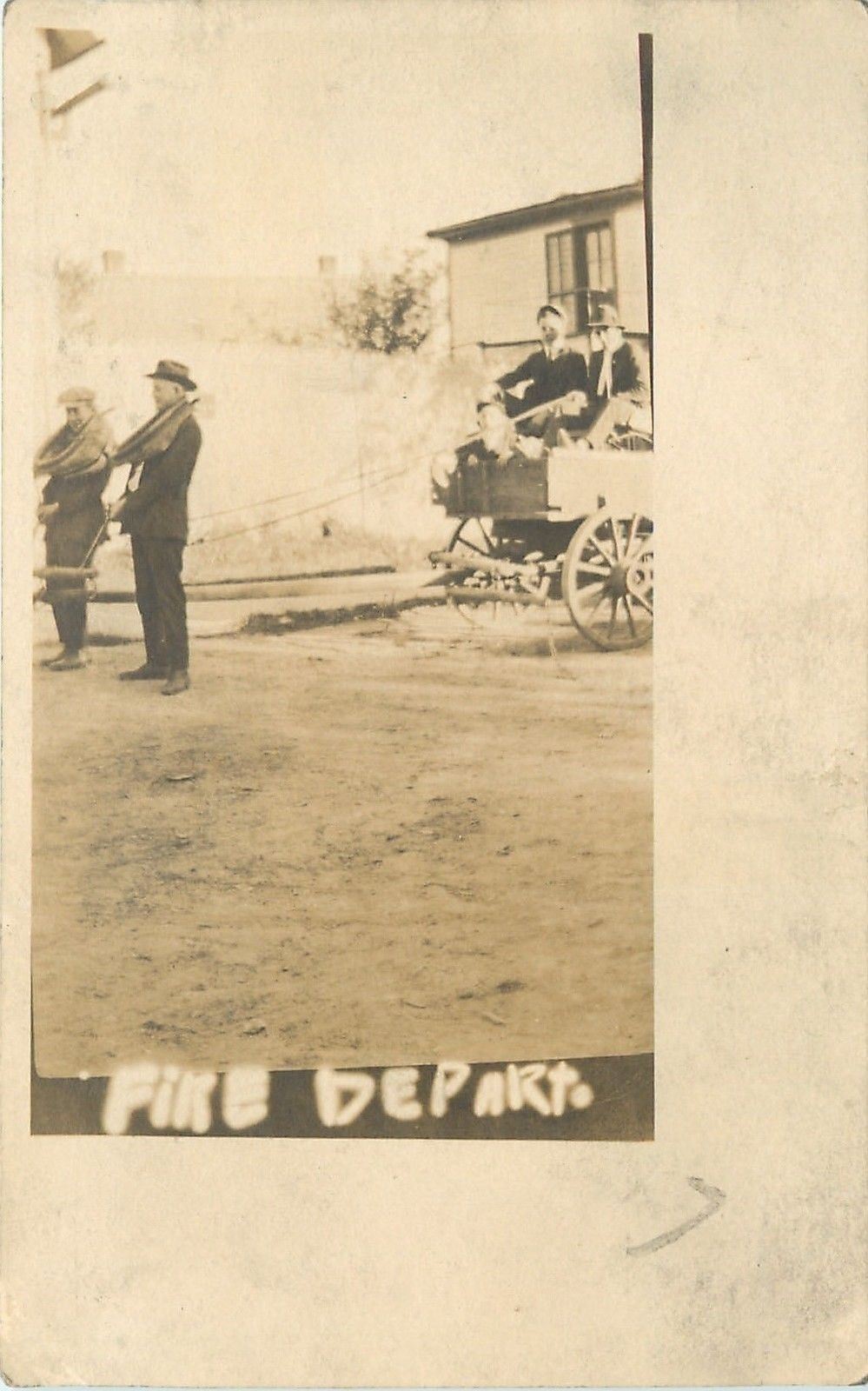 Fire Department Comic~Man-Drawn Fire Truck~Real Photo Post Card c1913