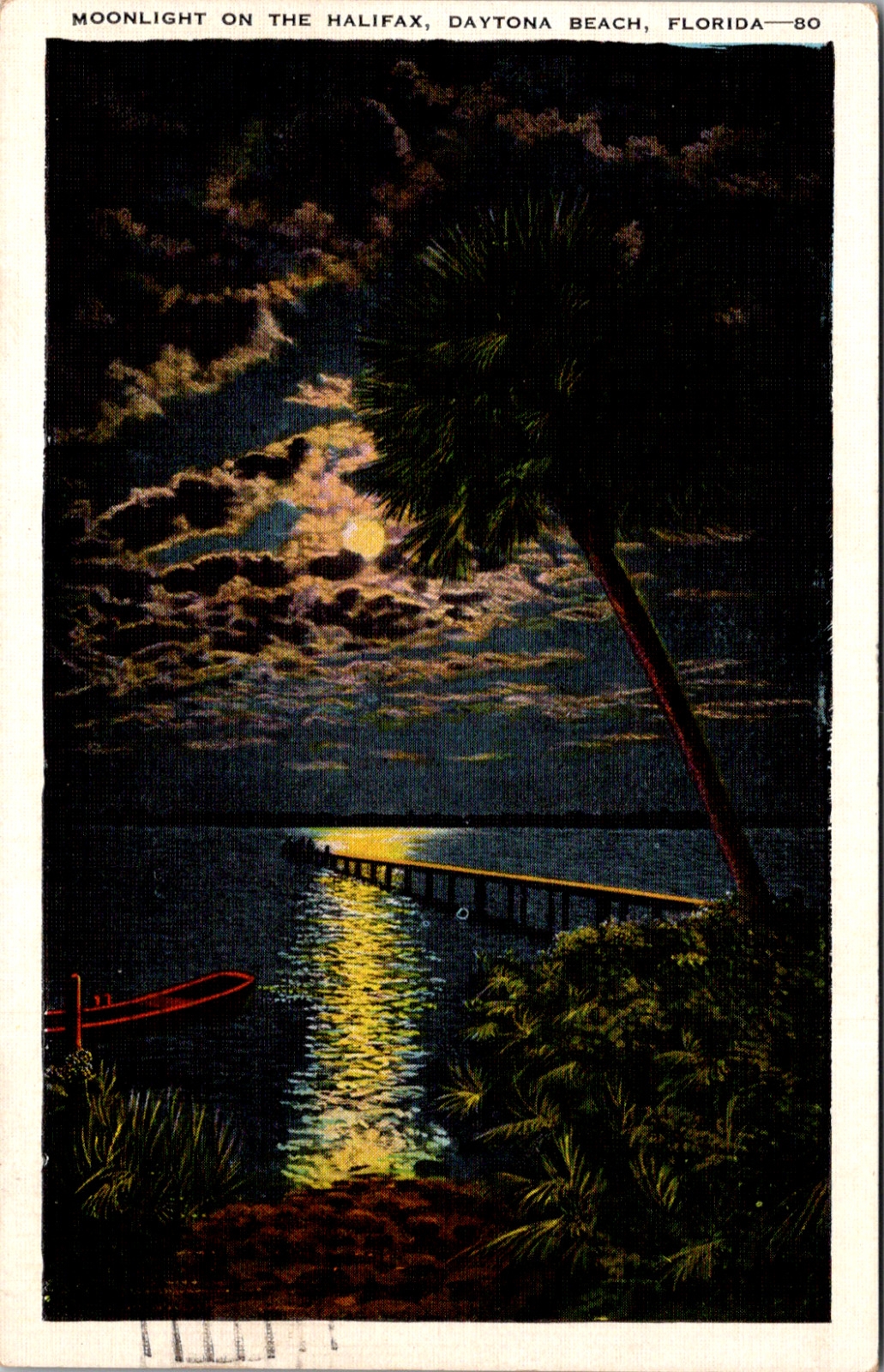 Daytona Beach Florida Vintage Moonlight on the Halifax c. 1940's Postcard