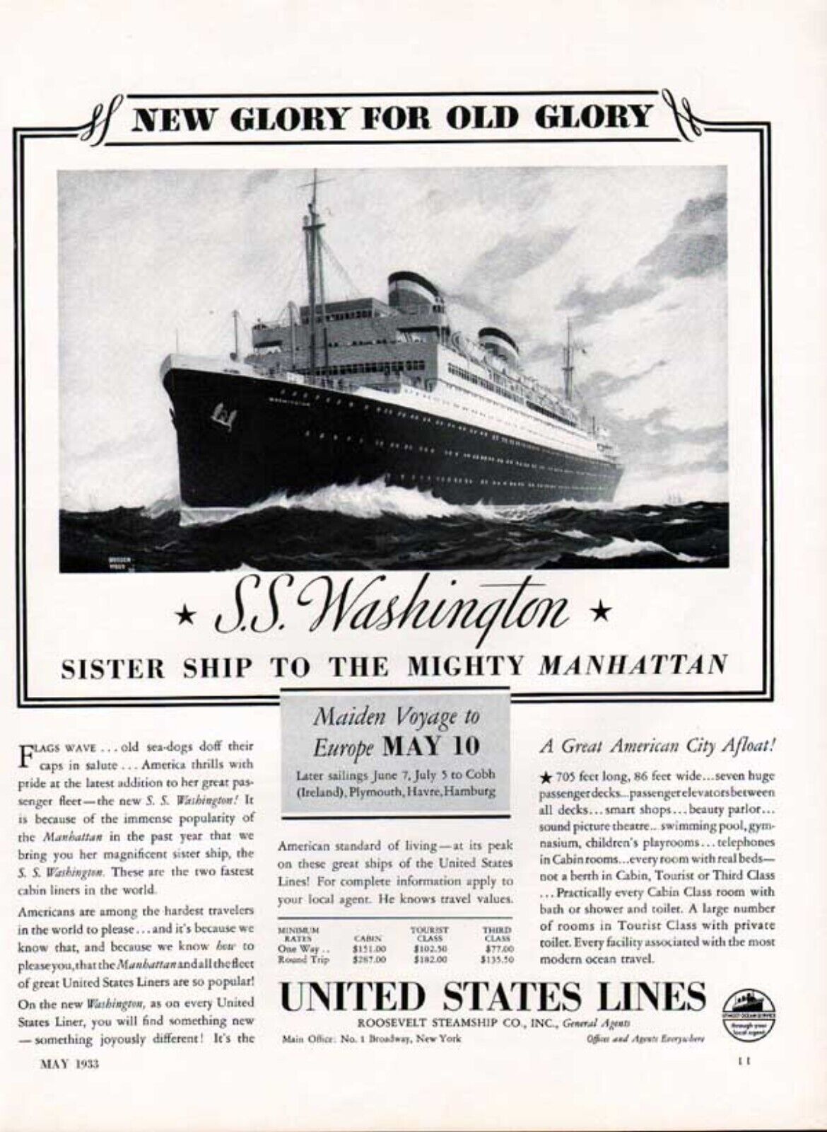1933 UNITED STATES STEAMSHIP SS WASHINGTON MANHATTAN CRUISE TRAVEL AD 6302