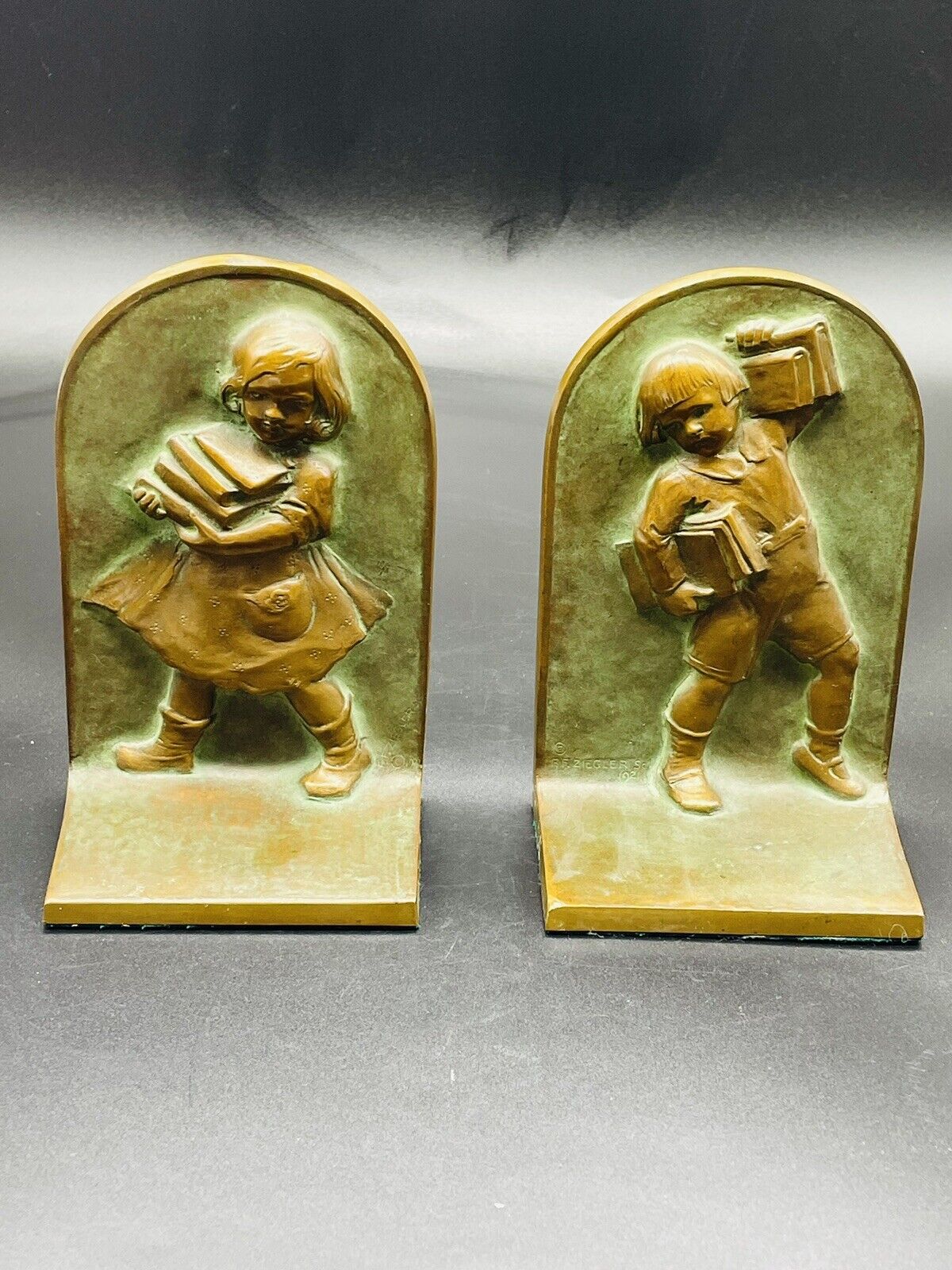 Antique School Boy &Girl bronze bookends Gorham Co #0522 Stamped FF Ziegler 1921