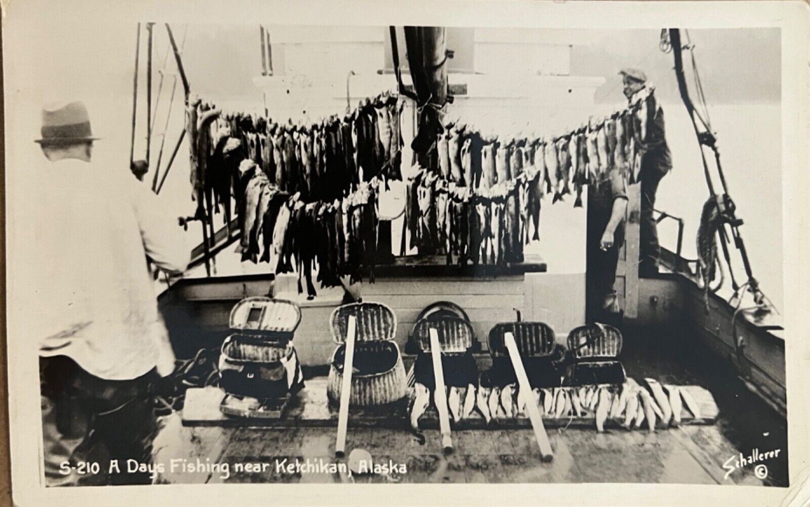 RPPC Ketchikan Fisherman with Fish on Boat Alaska Real Photo Postcard 1942