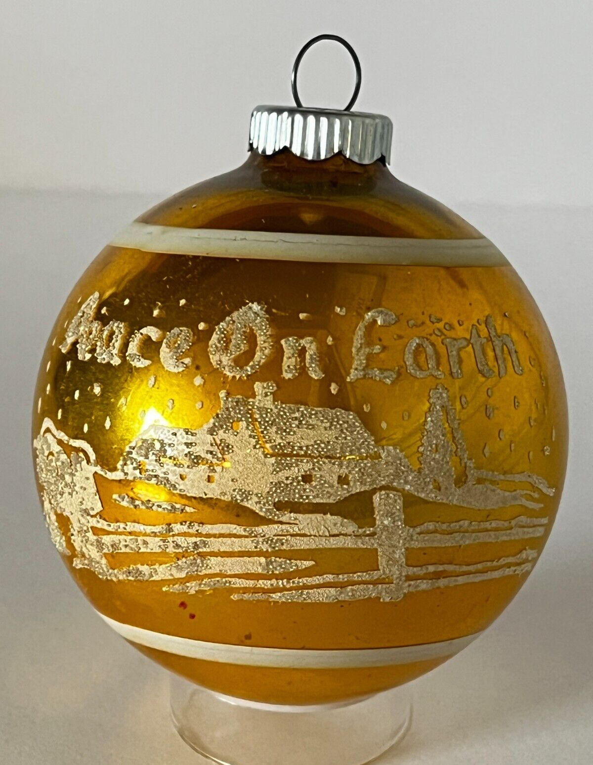 Vintage Shiny Brite Gold Mica Stenciled Stripe Glass Ornament Peace on Earth 3\