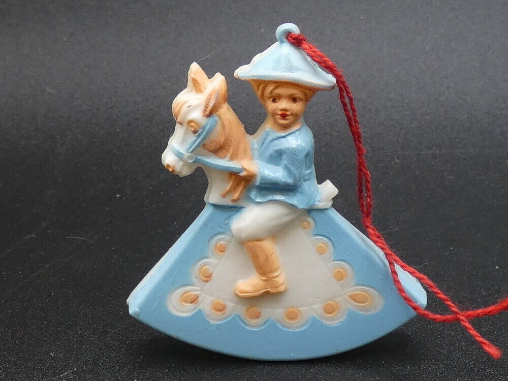 Vintage Christmas Cowboy on a Rocking Horse Plastic Ornament Germany West