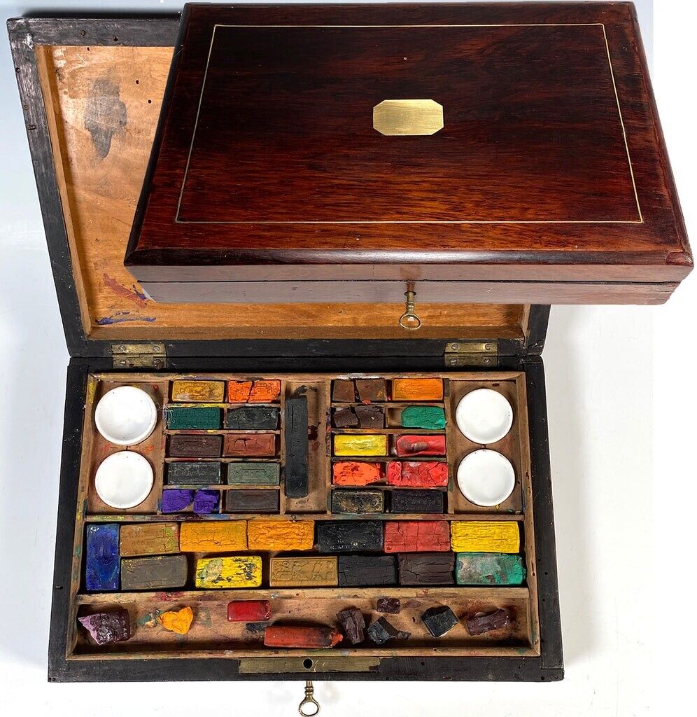 Antique French Watercolor Aquarelle Painting Artist's Box, Boulle Mahogany