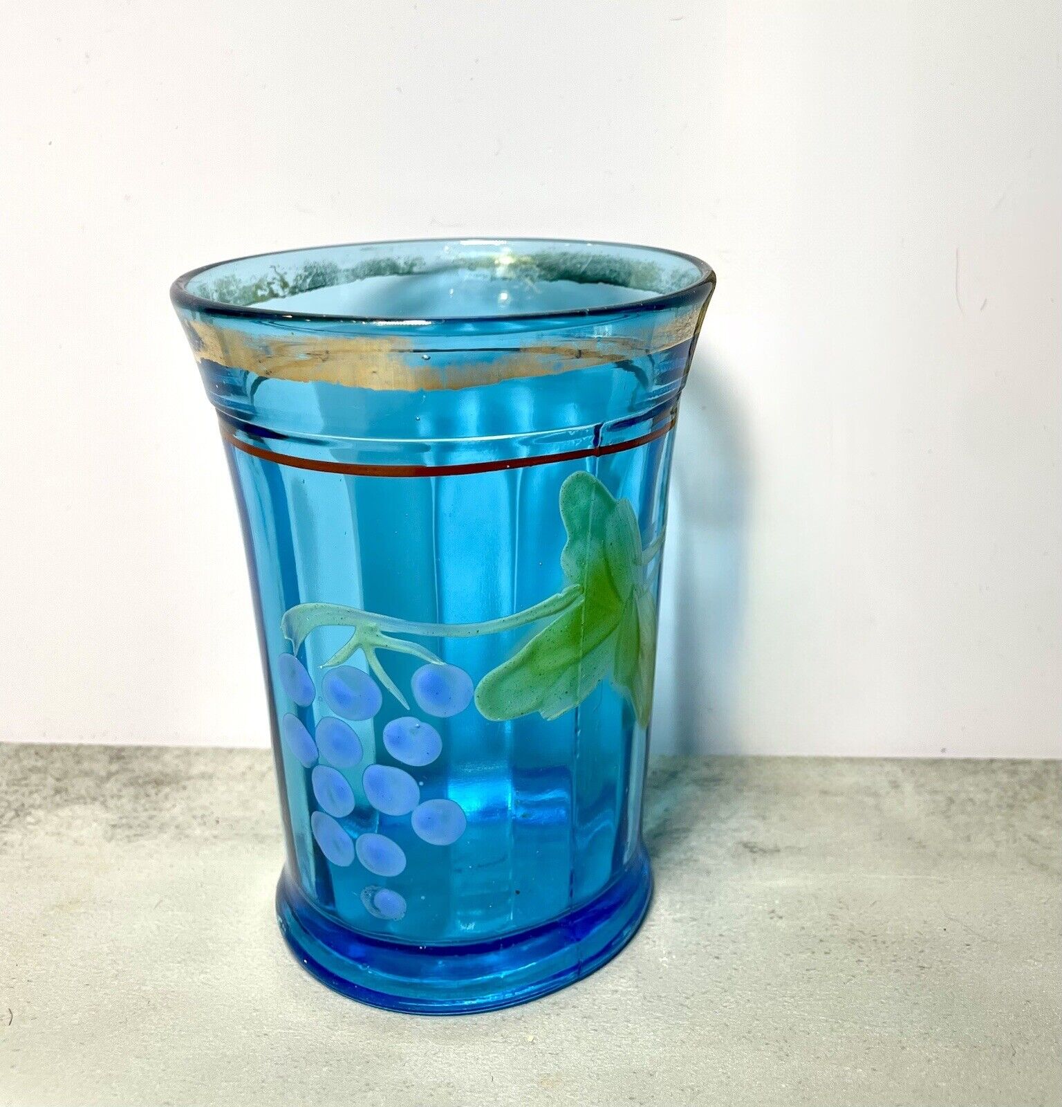 Antique NORTHWOOD Blue Glass Paneled Tumbler Hand-Painted Floral, Flared Top 5”
