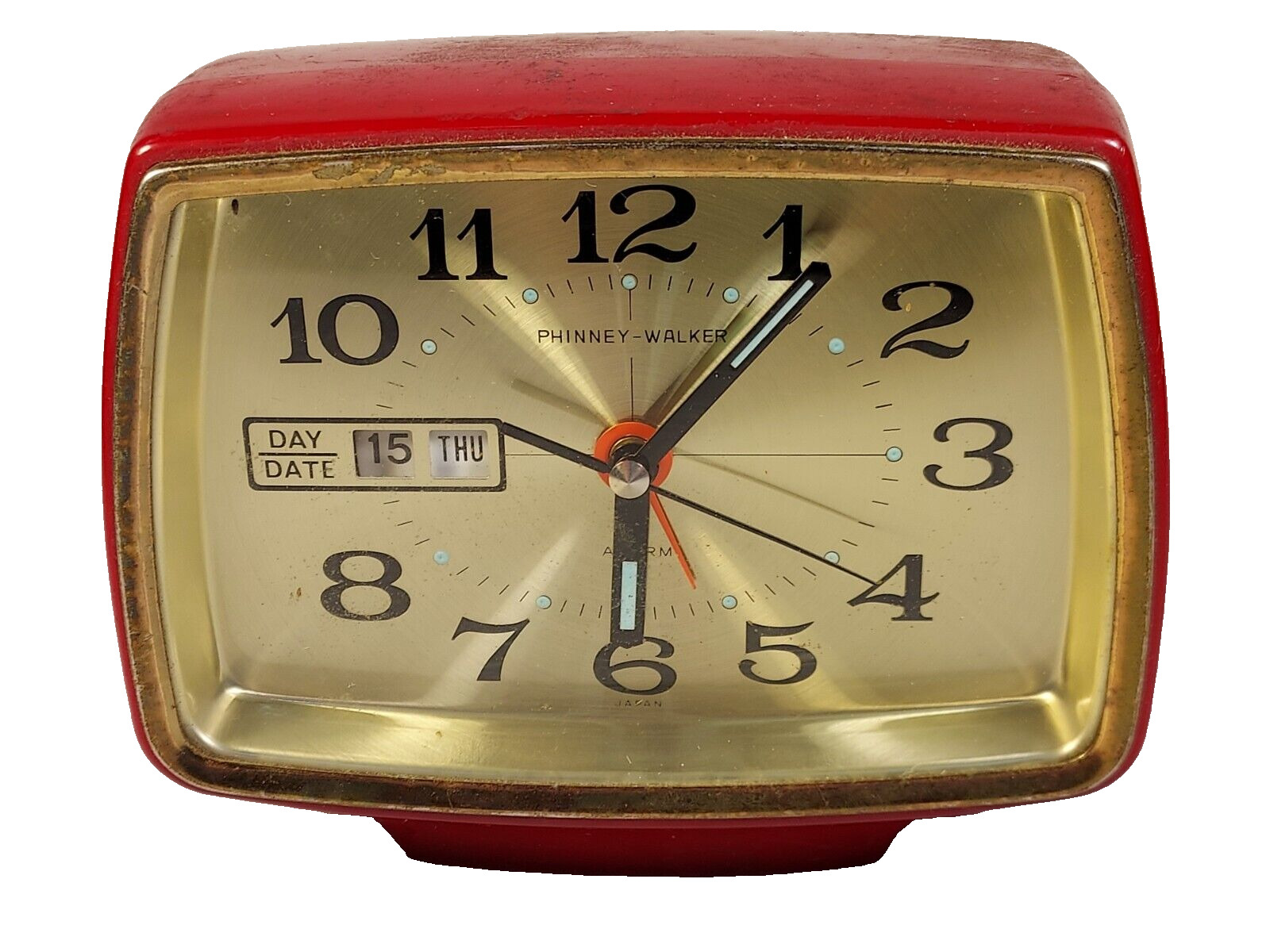 Rare Vintage Phinney-Walker Red Plastic Alarm Clock Model #1888 Day/Date-Japan