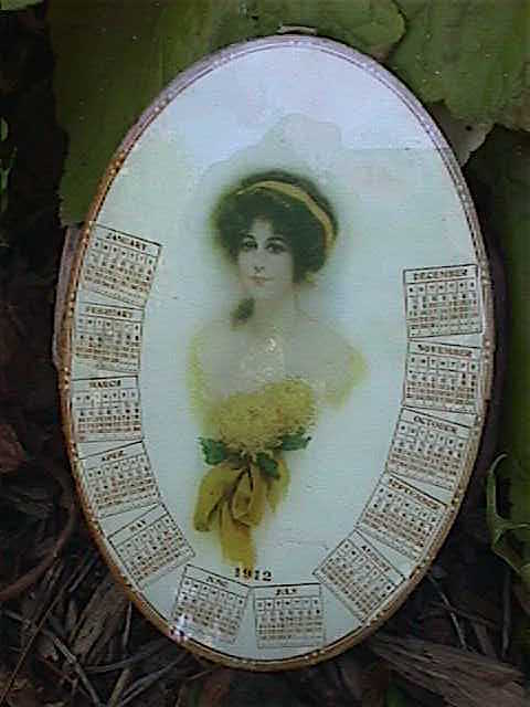 ANTIQUE 1912 Victorian LADY in Yellow DRESS Calendar Wall Oval GLASS Lady Plaque