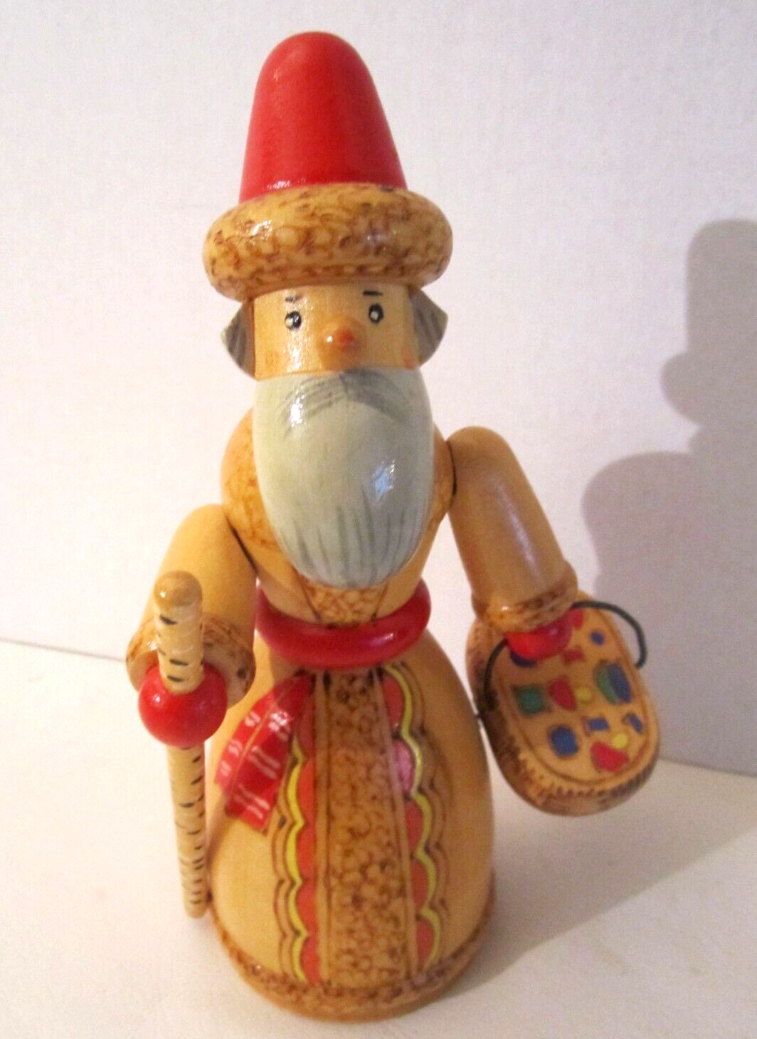 Hand painted Russian Santa Burnt Wood Vtg Folk Art Doll Figure Beard Man Basket