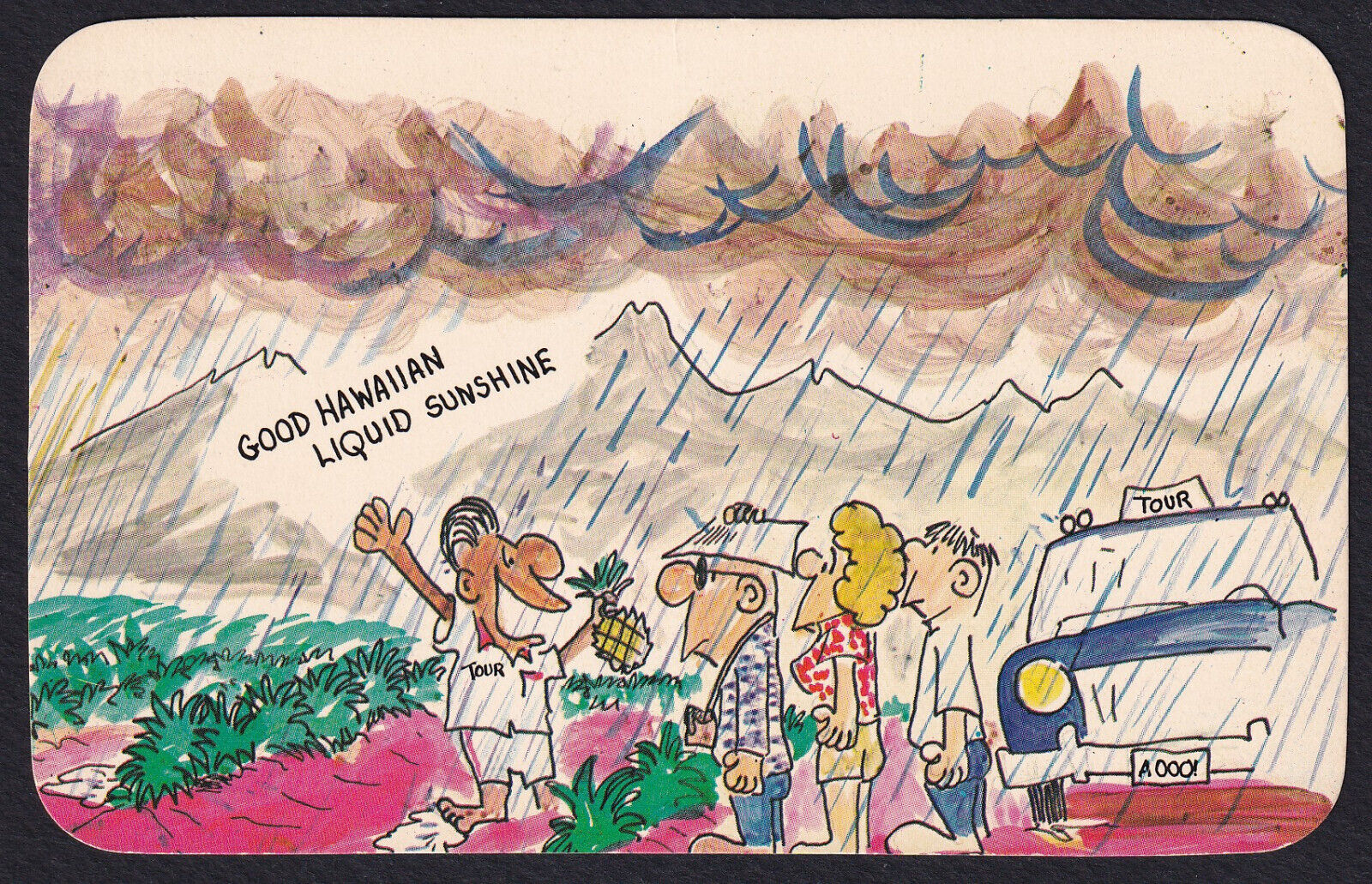 Hawaii-HI-Vintage Max Basker-Tourists-Liquid Sunshine-Rain-Humor-1960\'s Postcard