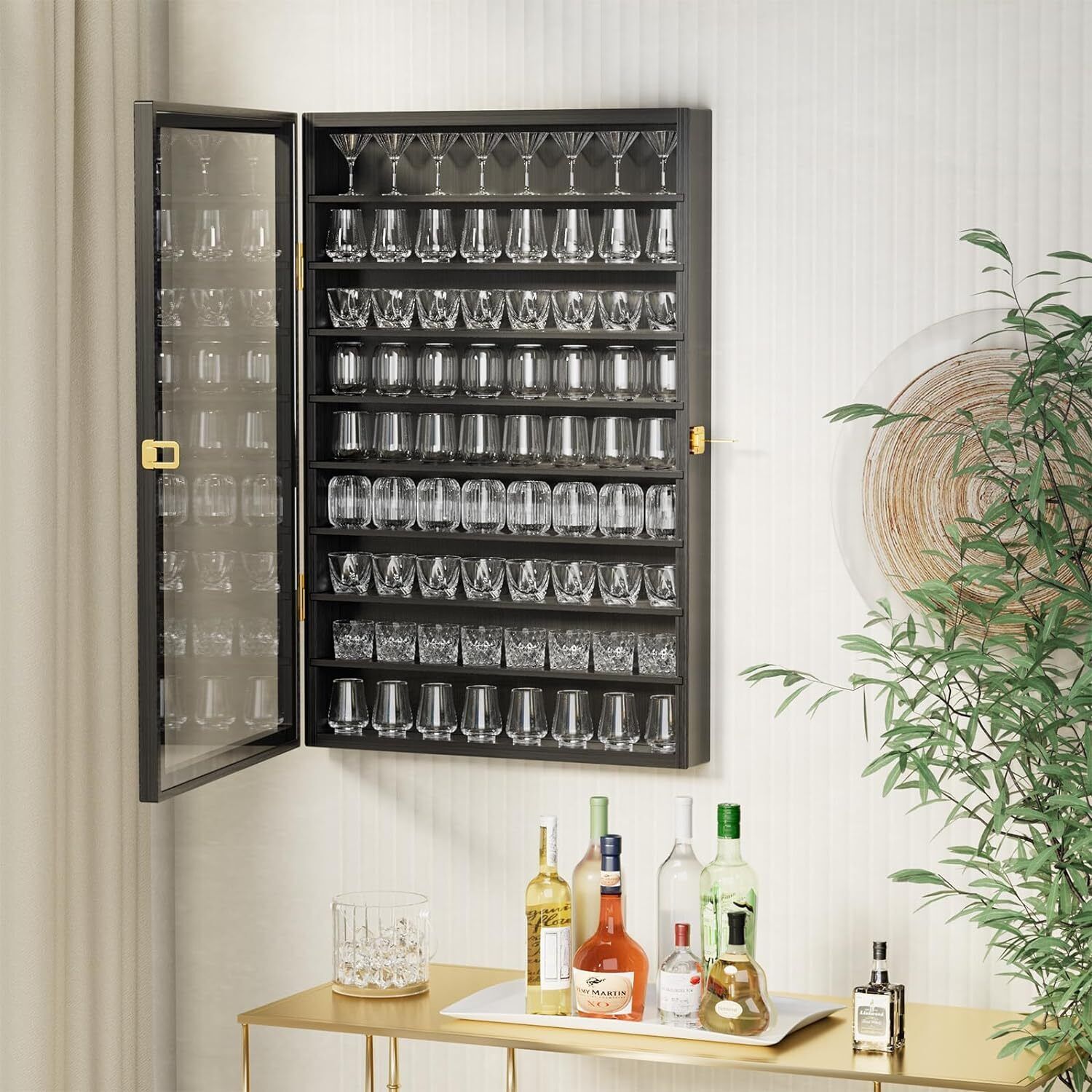 Black Shot Glass Display Case with Lockable Door Shadow Box Bar Cabinet 26.8in H