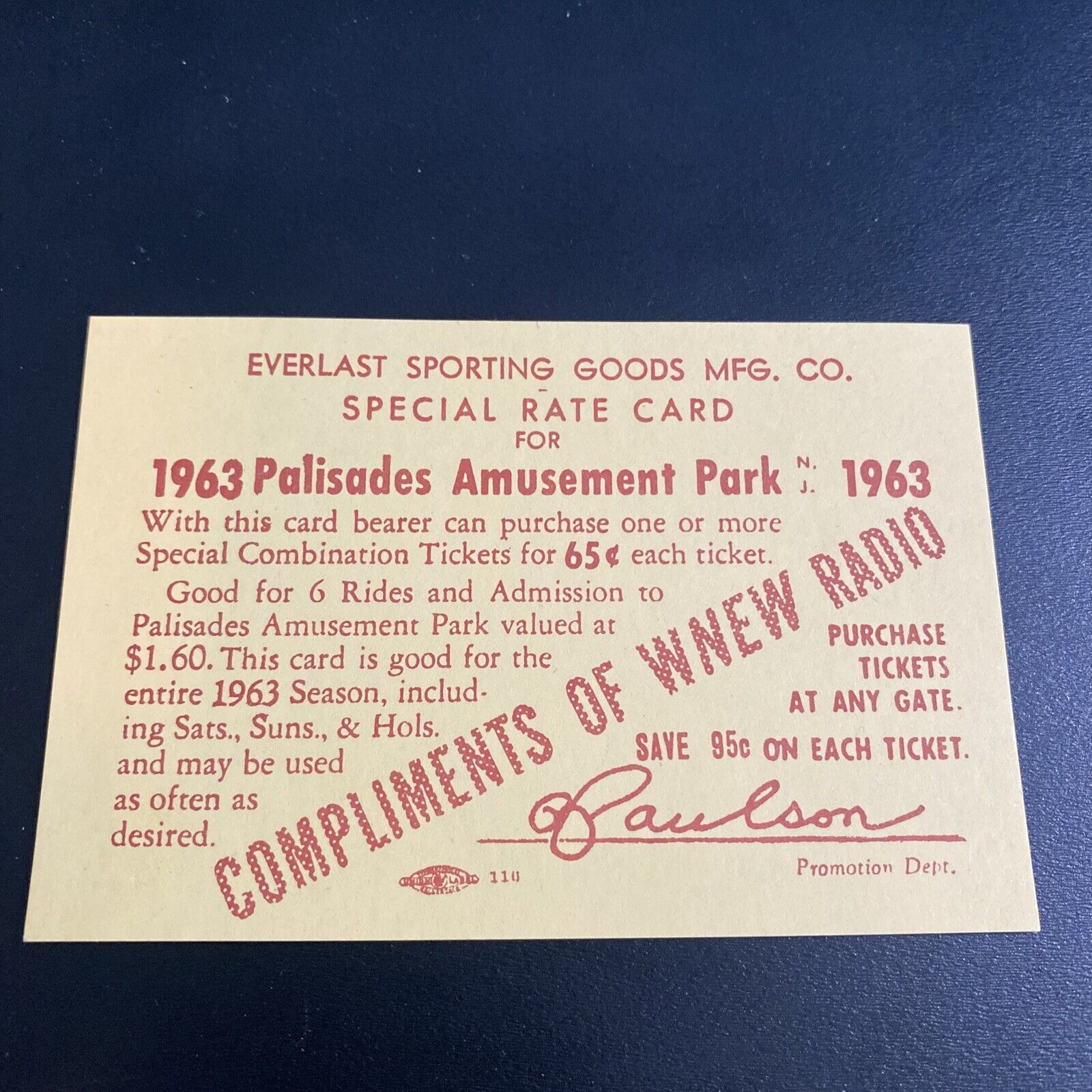 Vintage 1963 Palisades Amusement Park Ride Ticket New Jersey WNEW Radio Pass