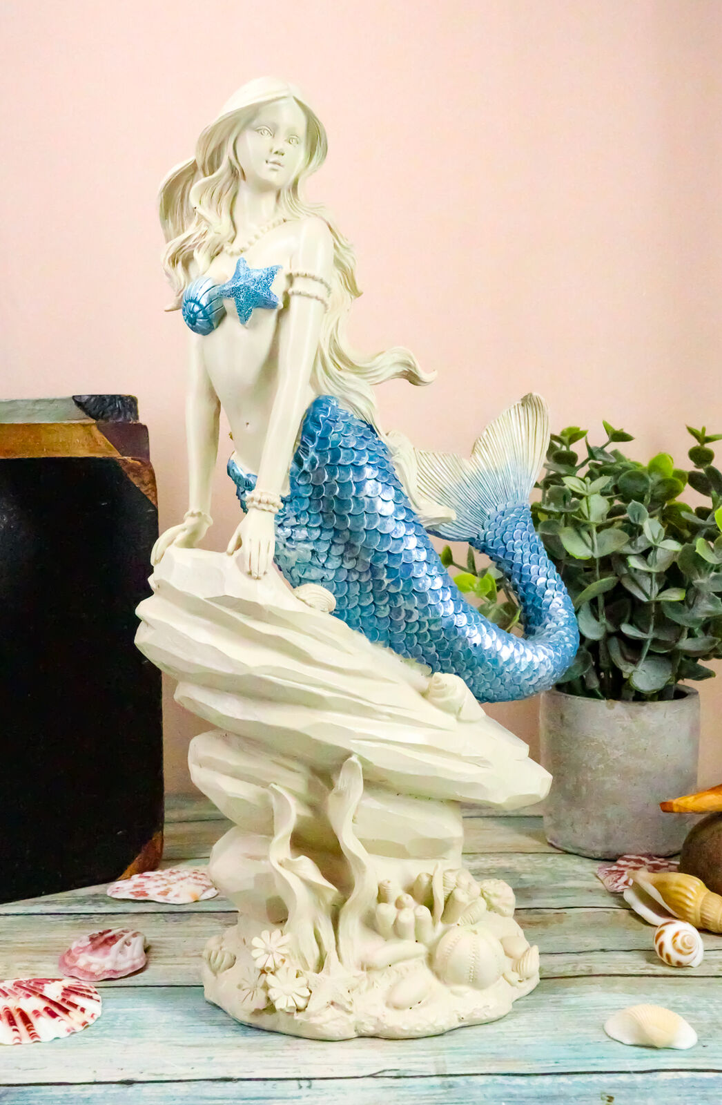 Ebros Ocean Aqua Blue Tailed Mermaid Sitting On Sea Rock Figurine 11.5\