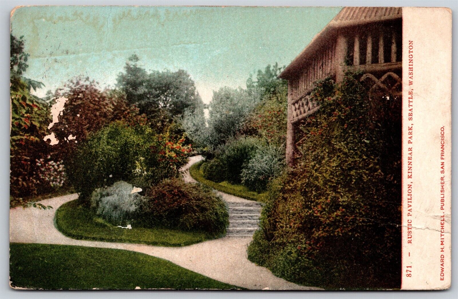 Postcard Rustic Pavilion, Kinnear Park, Seattle WA 1907 (torn) T128