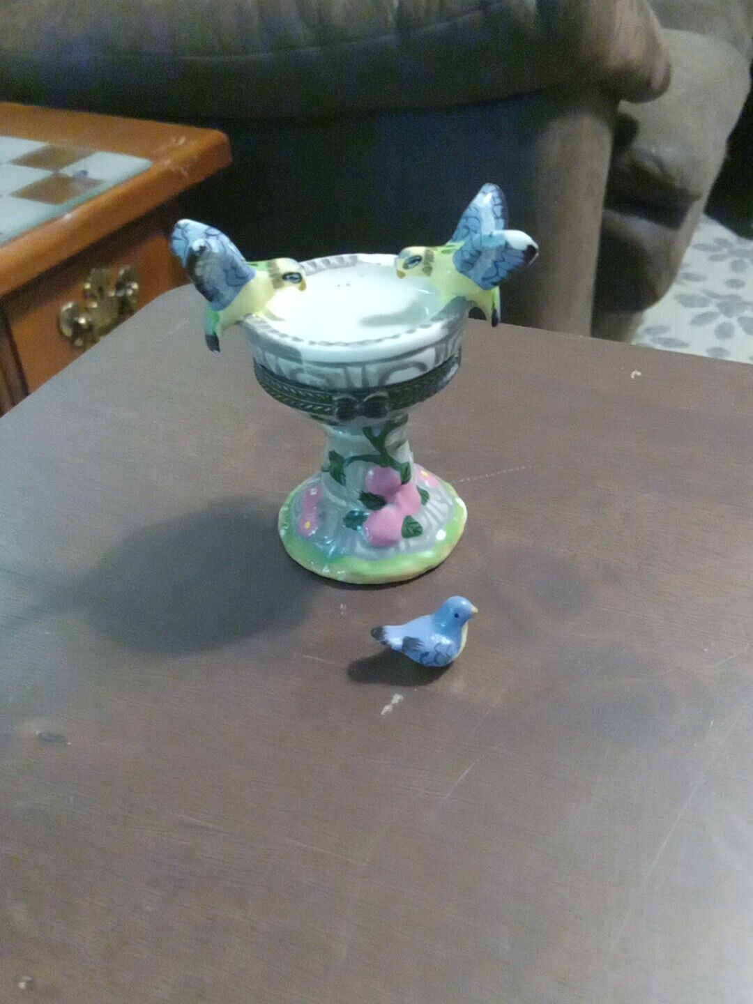 Vintage Fountain Porcelain Hinged Trinket Box With Bird Trinket