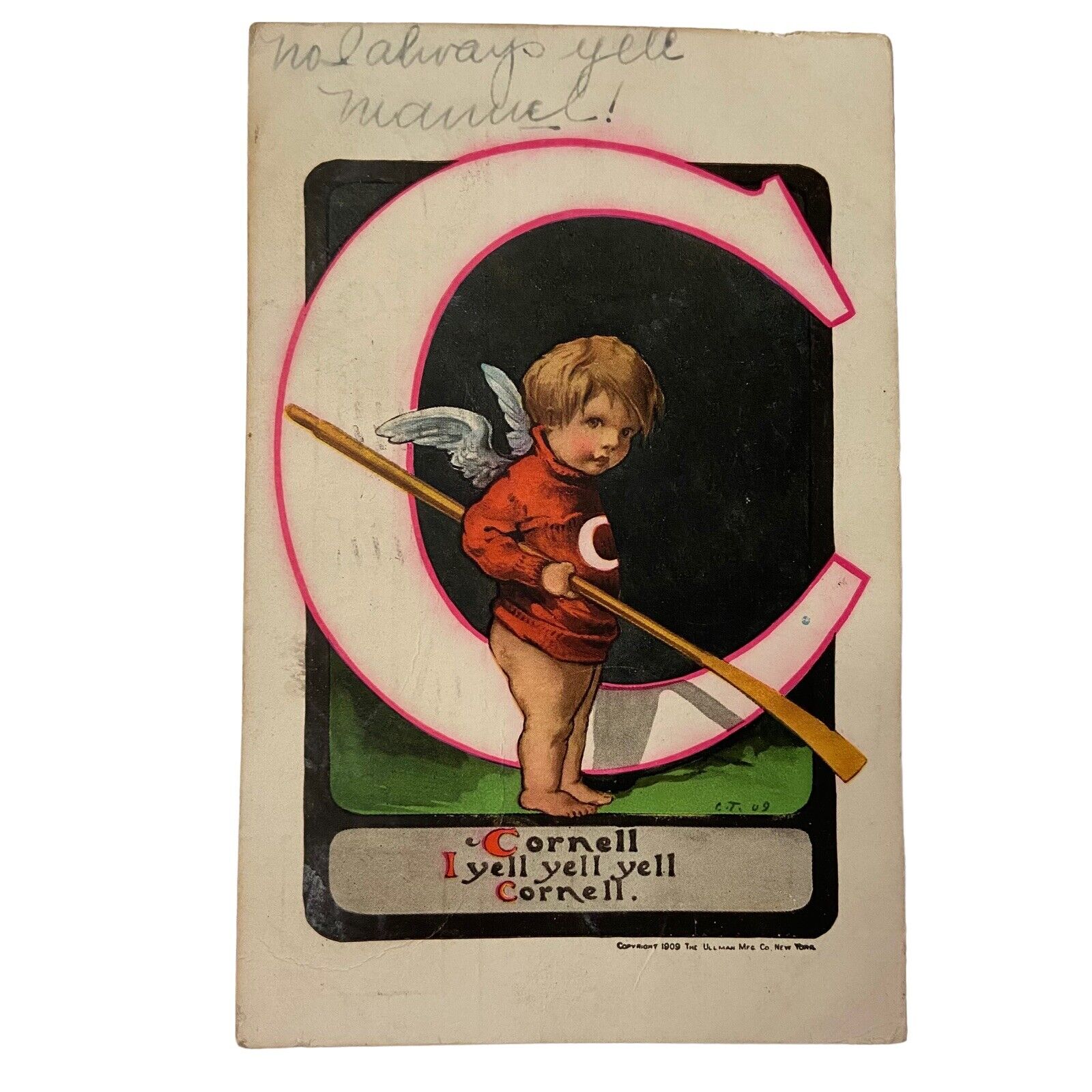 Postcard CORNELL NY 1909 FOOTBALL RALLY ANGEL I YELL YELL YELL CORNELL