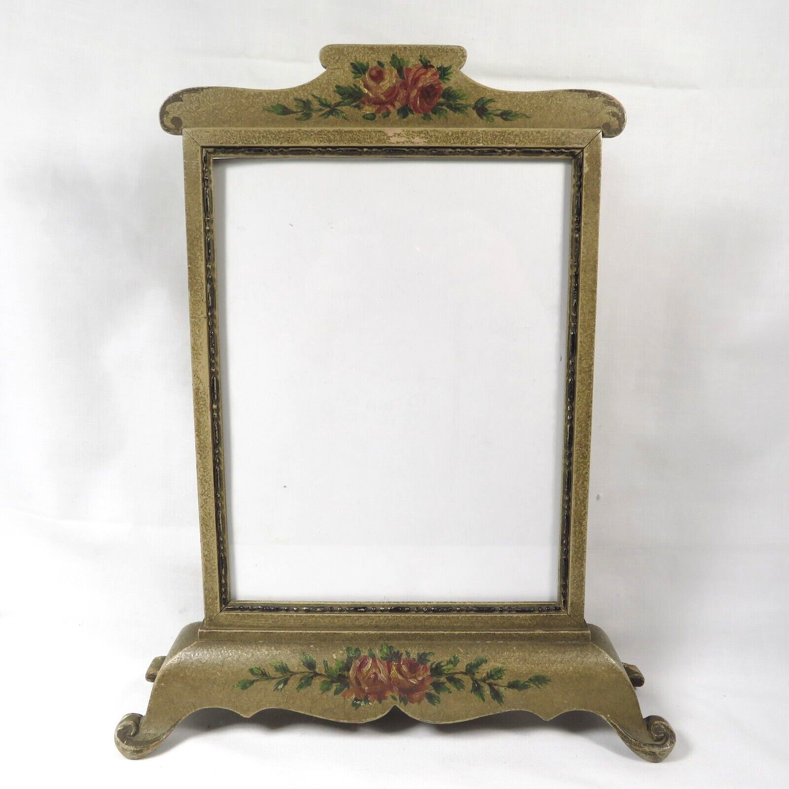 Antique Hand Painted Tabletop Picture Frame Rose Flowers Circa 1900 Wood