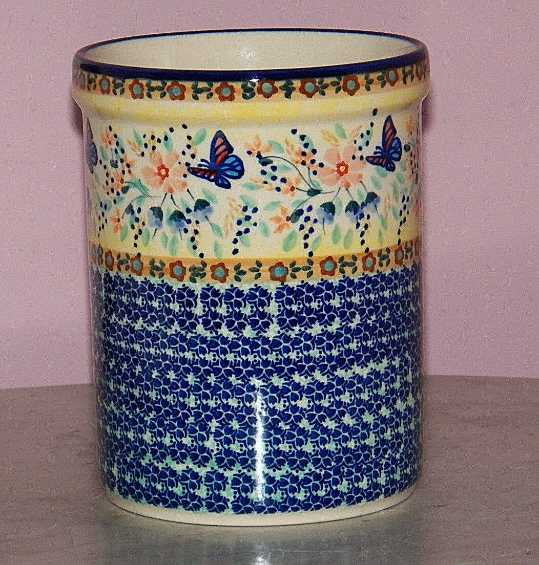 Polish Pottery Kitchen Utensil Jar UNIKAT Signature Butterfly Summer Pattern
