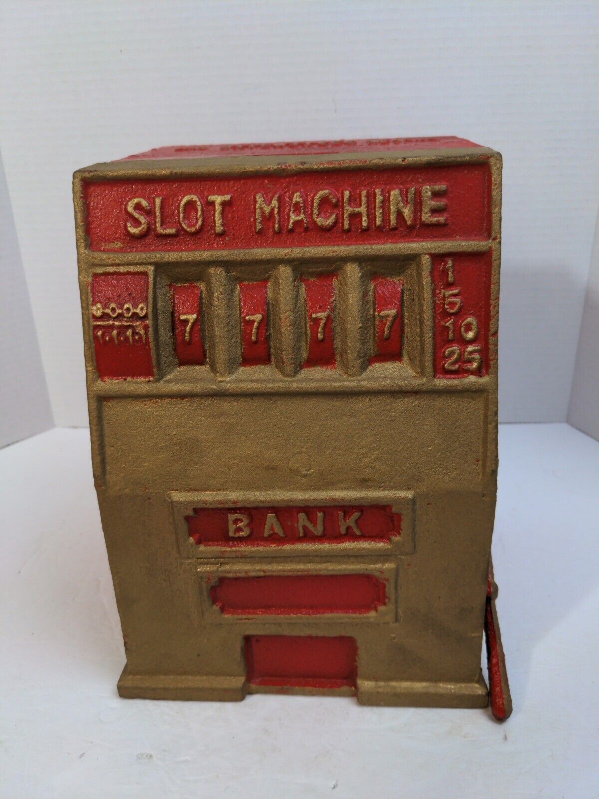 Vintage Cast Iron Slot Machine Coin Bank LAC Vieux Dessert Casino