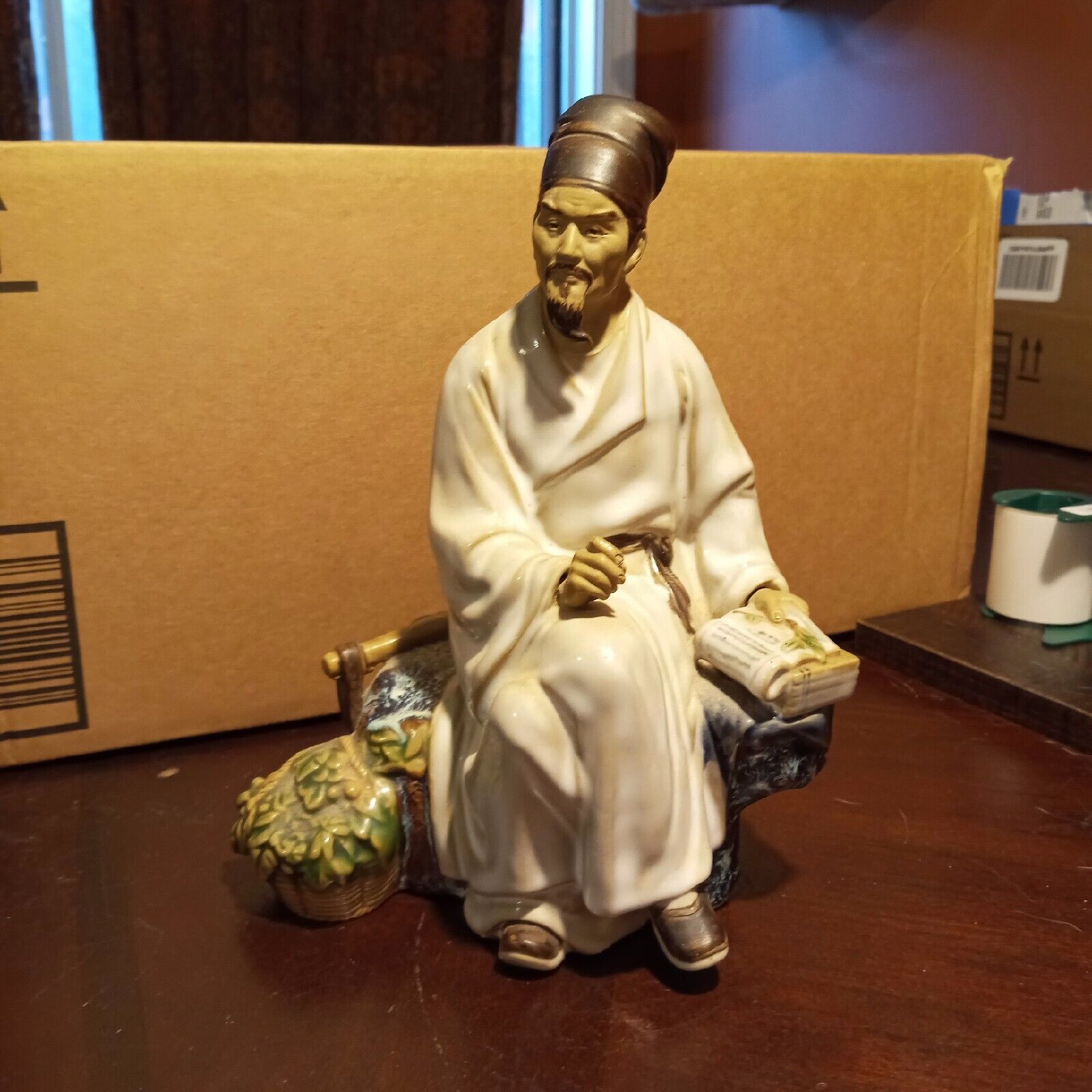 Vintage Seated Shiwan Chinese Scholar Figurine 60s Handmade used Very Good 6.5in