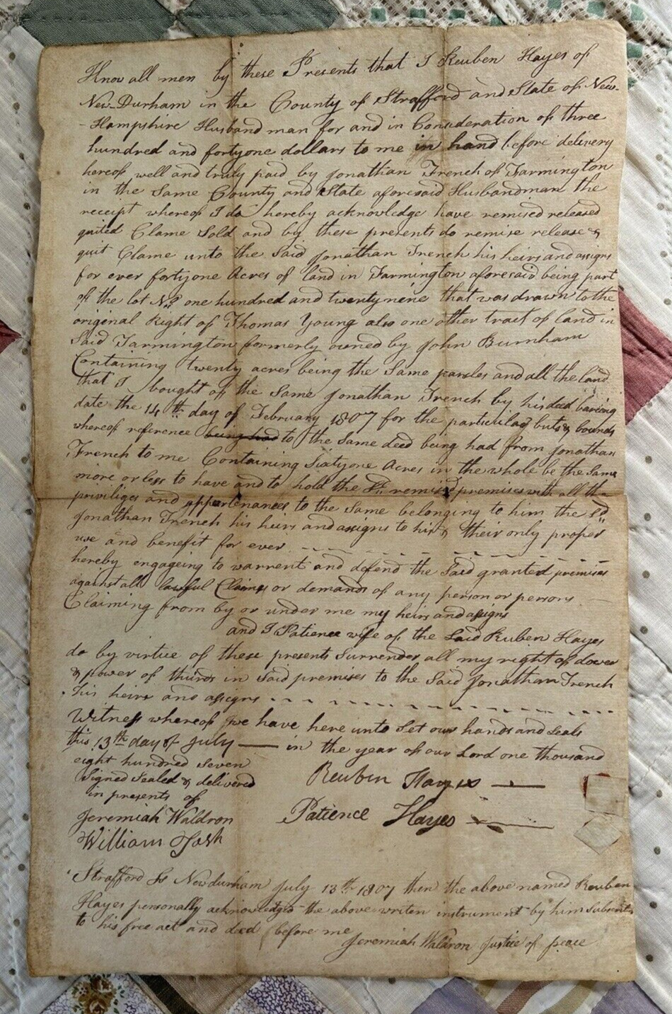 1807 * HAYES to FRENCH * LAND IN FARMINGTON, NEW HAMPSHIRE * 122 ACRES