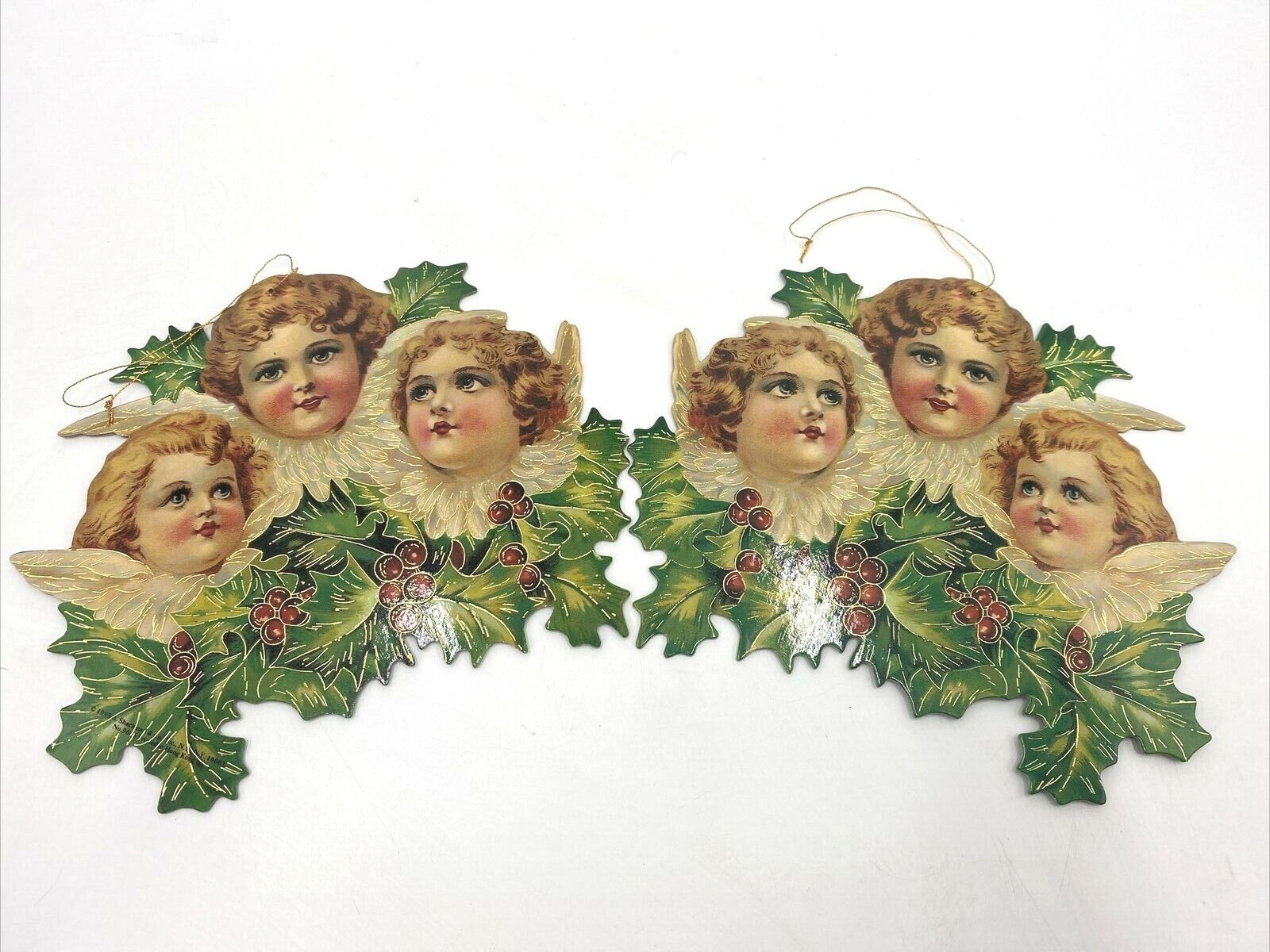 Set Of 2 1993 B Shackman & Co Christmas Ornament Three Girl Angels Holly & Berry