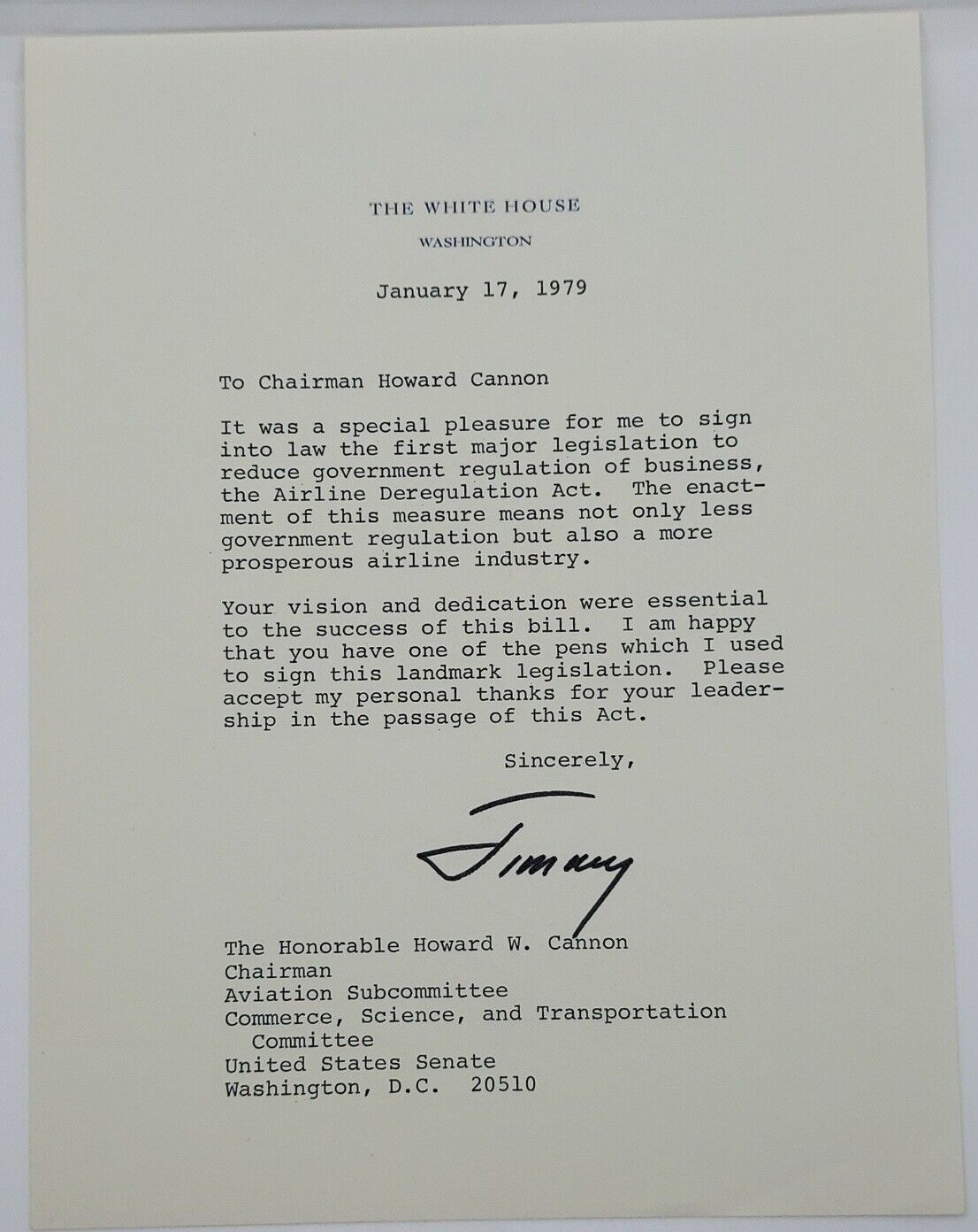 Jimmy Carter Signed White House Letter To Sen Howard Cannon Airline Deregulation