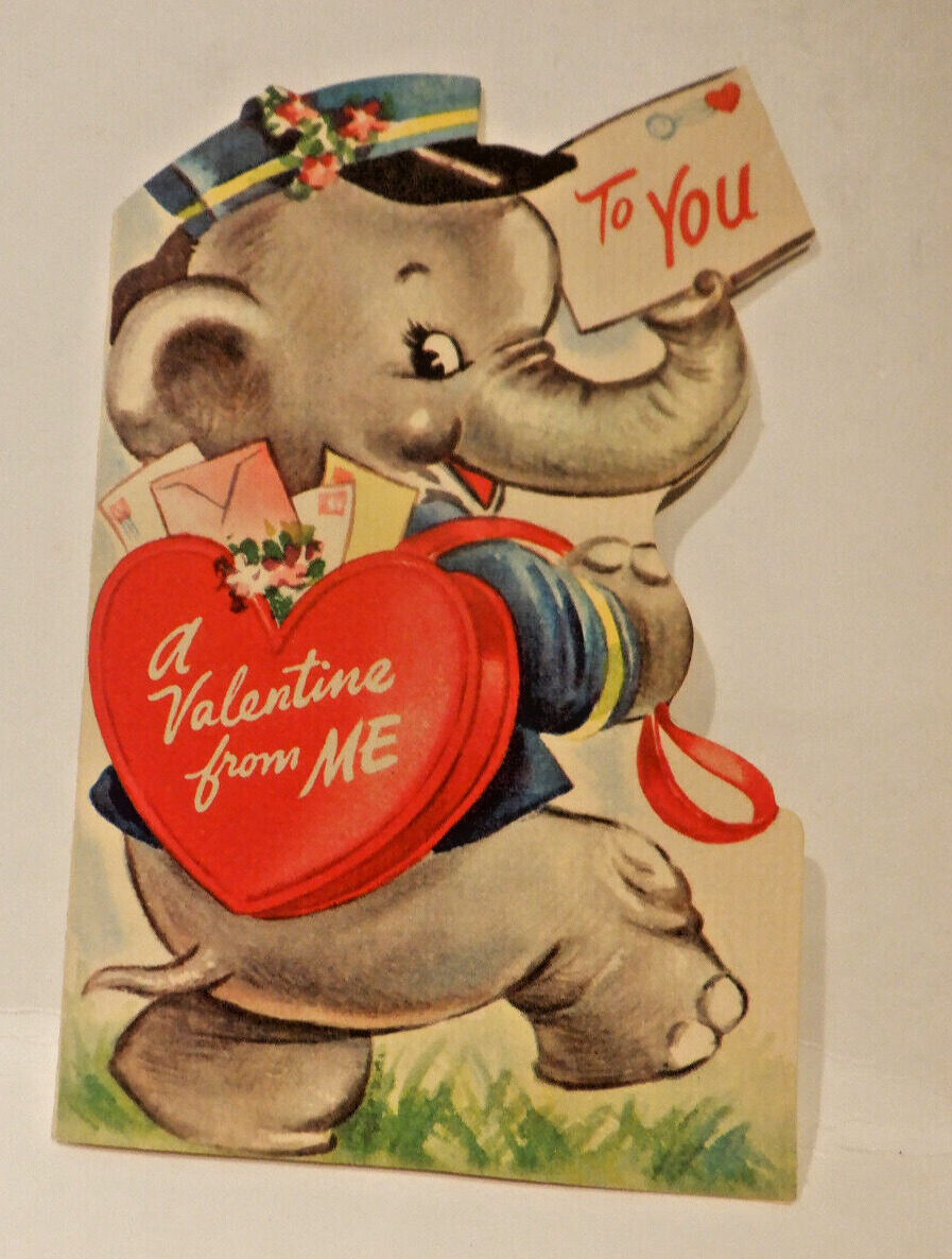 Vintage 1949 Valentine\'s Day card Elephant Delivering the Valentine\'s Day mail