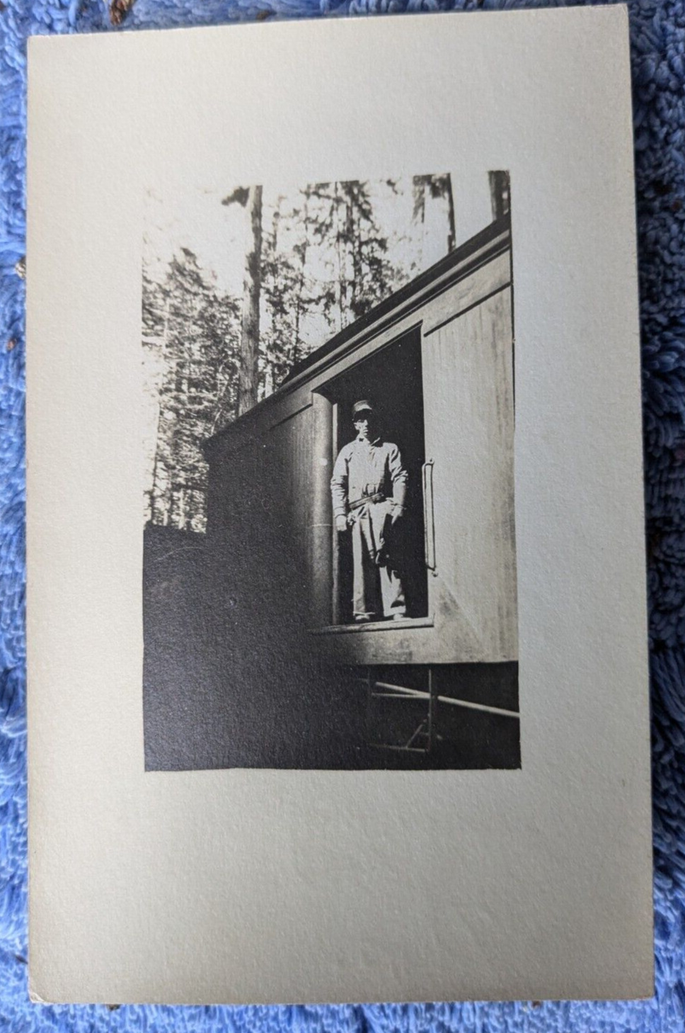 VINTAGE  POST CARD RPPC of Boy in Box Car Train with Note home to Mother