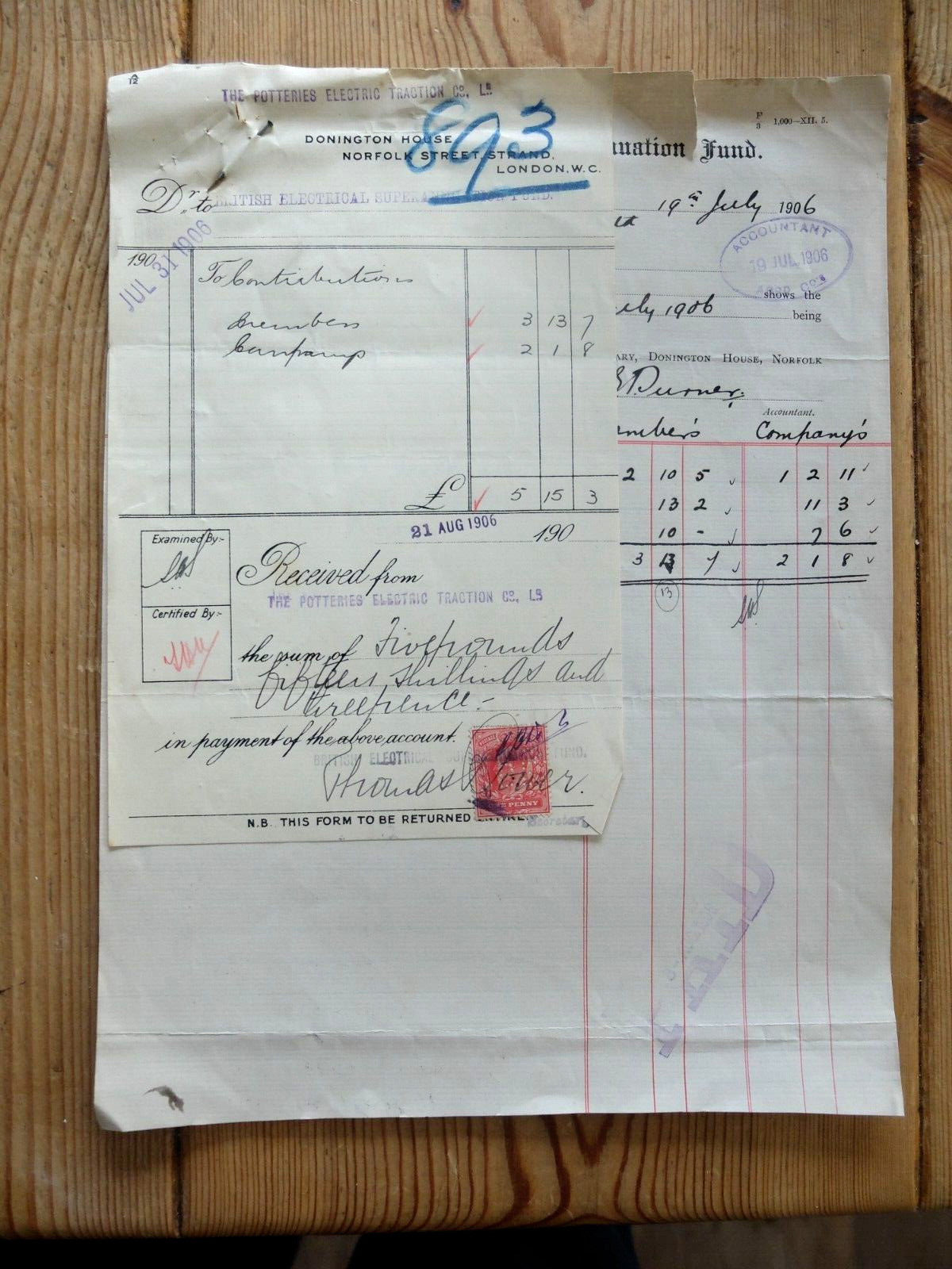 The Potteries Electric Traction Co Ltd invoice/receipt July 1906