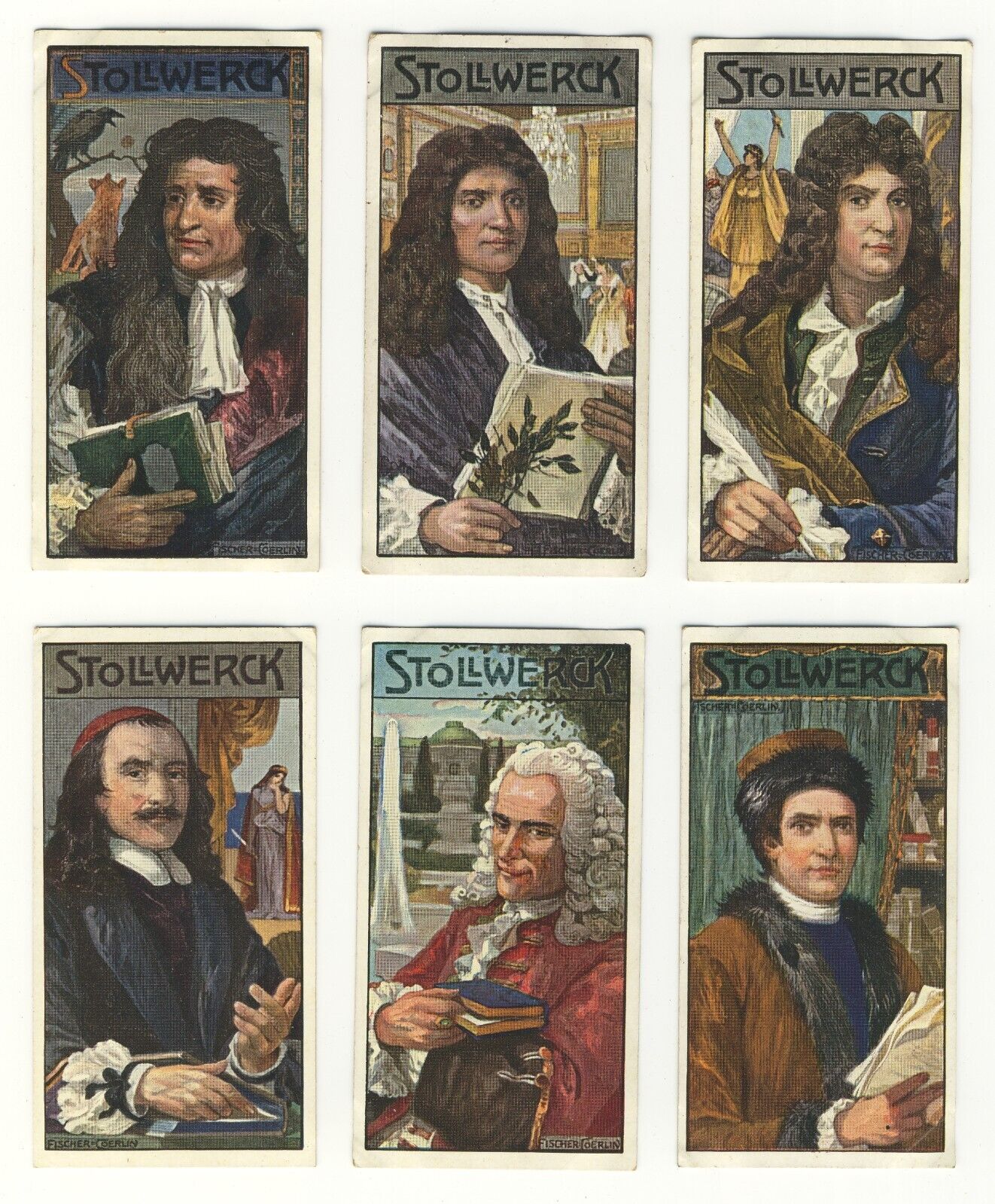 Stollwerck 1908 Group 440 French Poets Moliere Voltaire Rousseau Set of 6 VG+