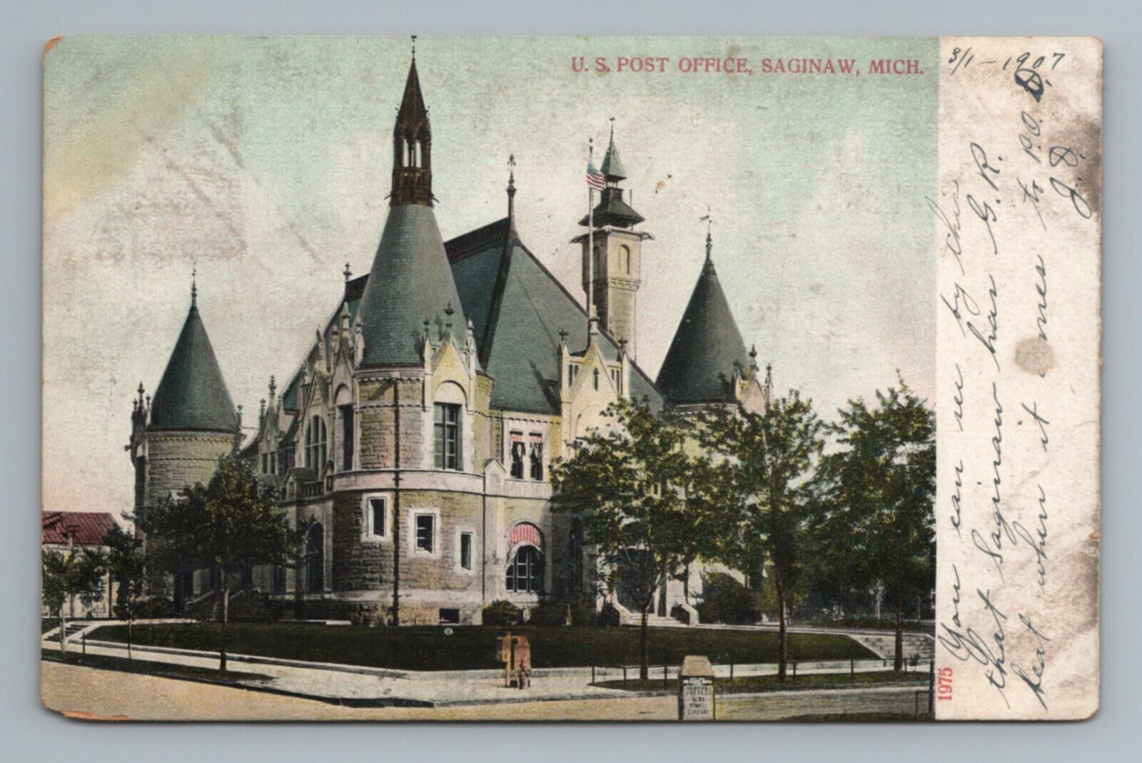 1907 Post Office Saginaw Michigan Vintage Postcard