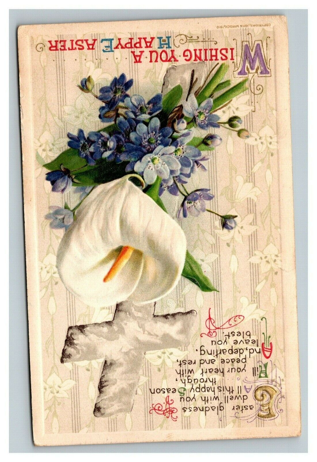 Vintage 1915 Winsch Back Easter Postcard - Cross Purple & White Flowers Poem
