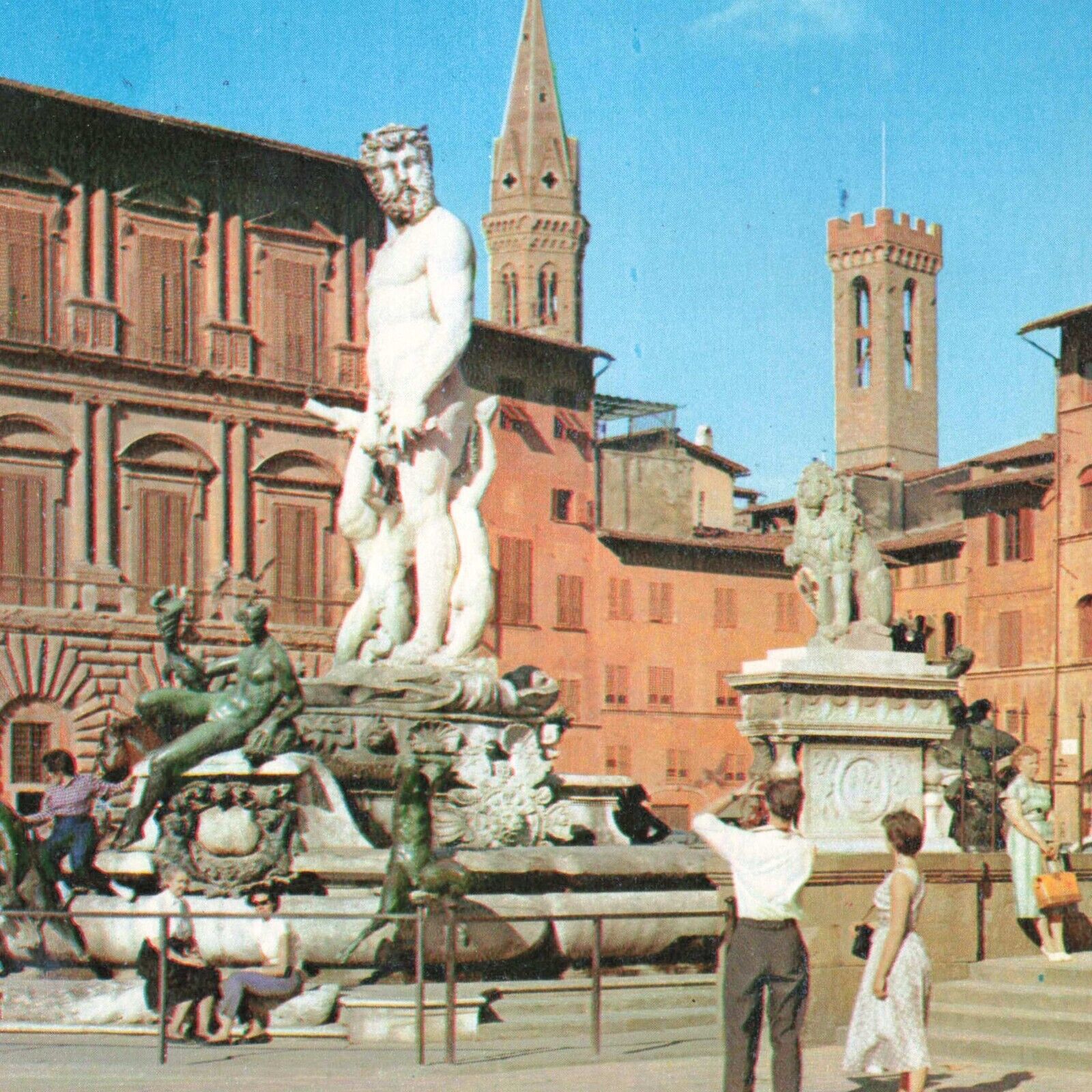 Postcard Italy Florence Firenze Signoria Square Neptune\'s Fountain Tuscany Regio