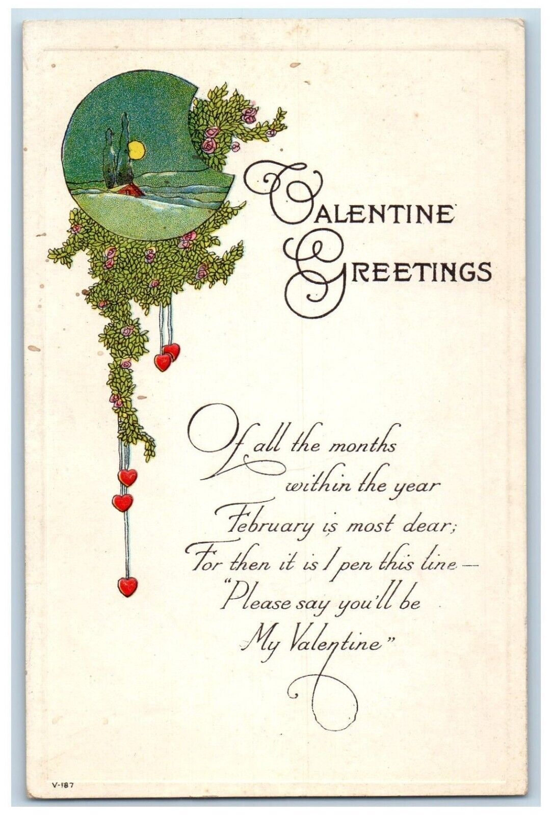 c1910\'s Valentine Greetings Message Hearts Flowers Moon Embossed Posted Postcard
