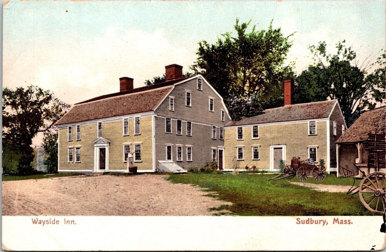 Front View Wayside Inn Sudbury Massachusetts MA Wagons Greenery Postcard Unused