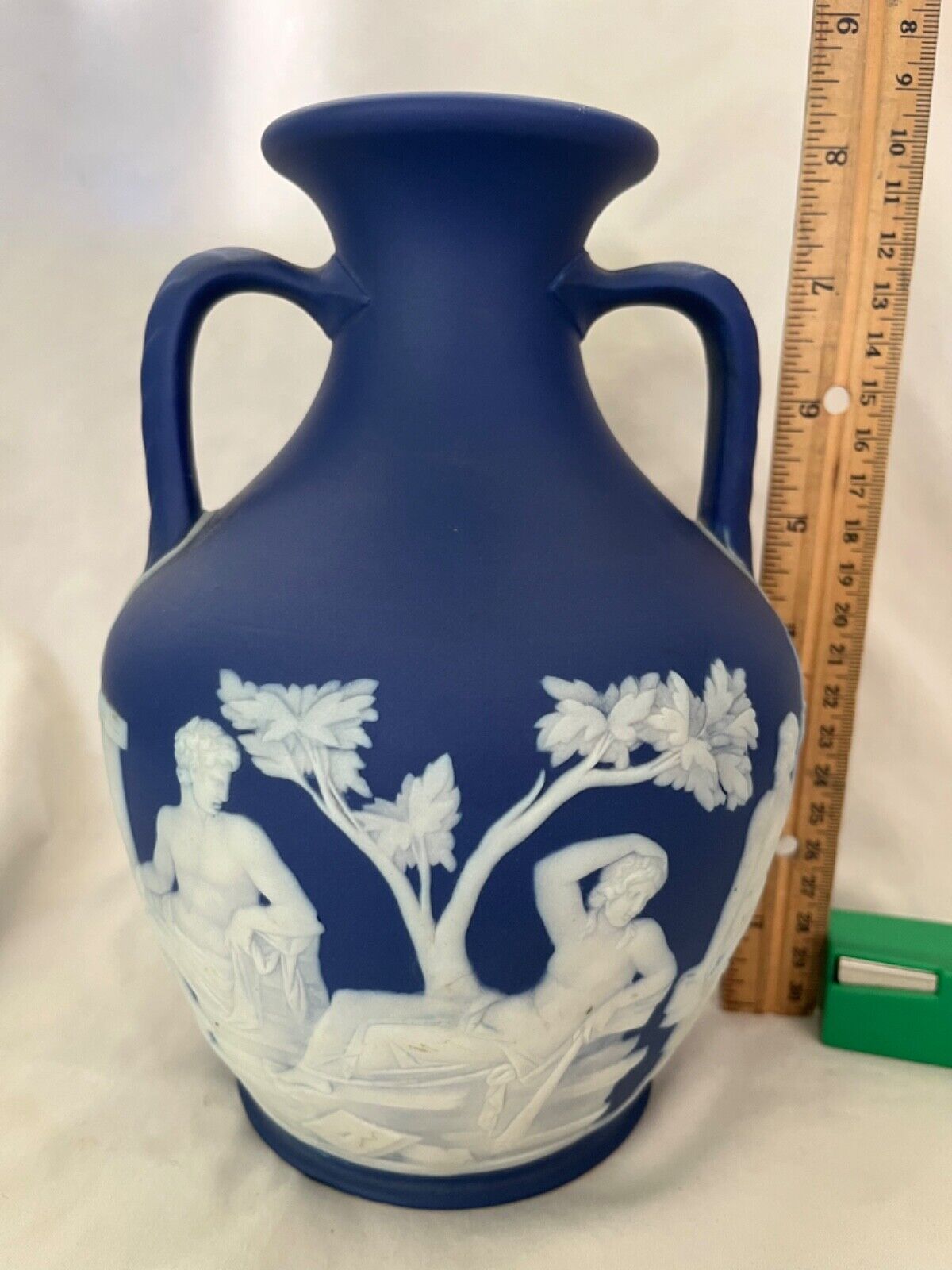 1890s Dark Blue Wedgwood Jasperware Portland Vase 8” amphora