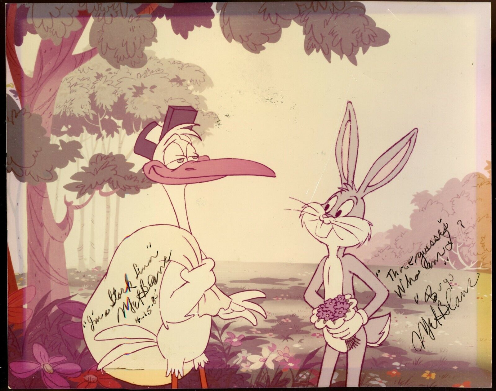 Unique Mel Blanc Twice Autographed Photo Bugs Bunny & Drunk Stork Conversation